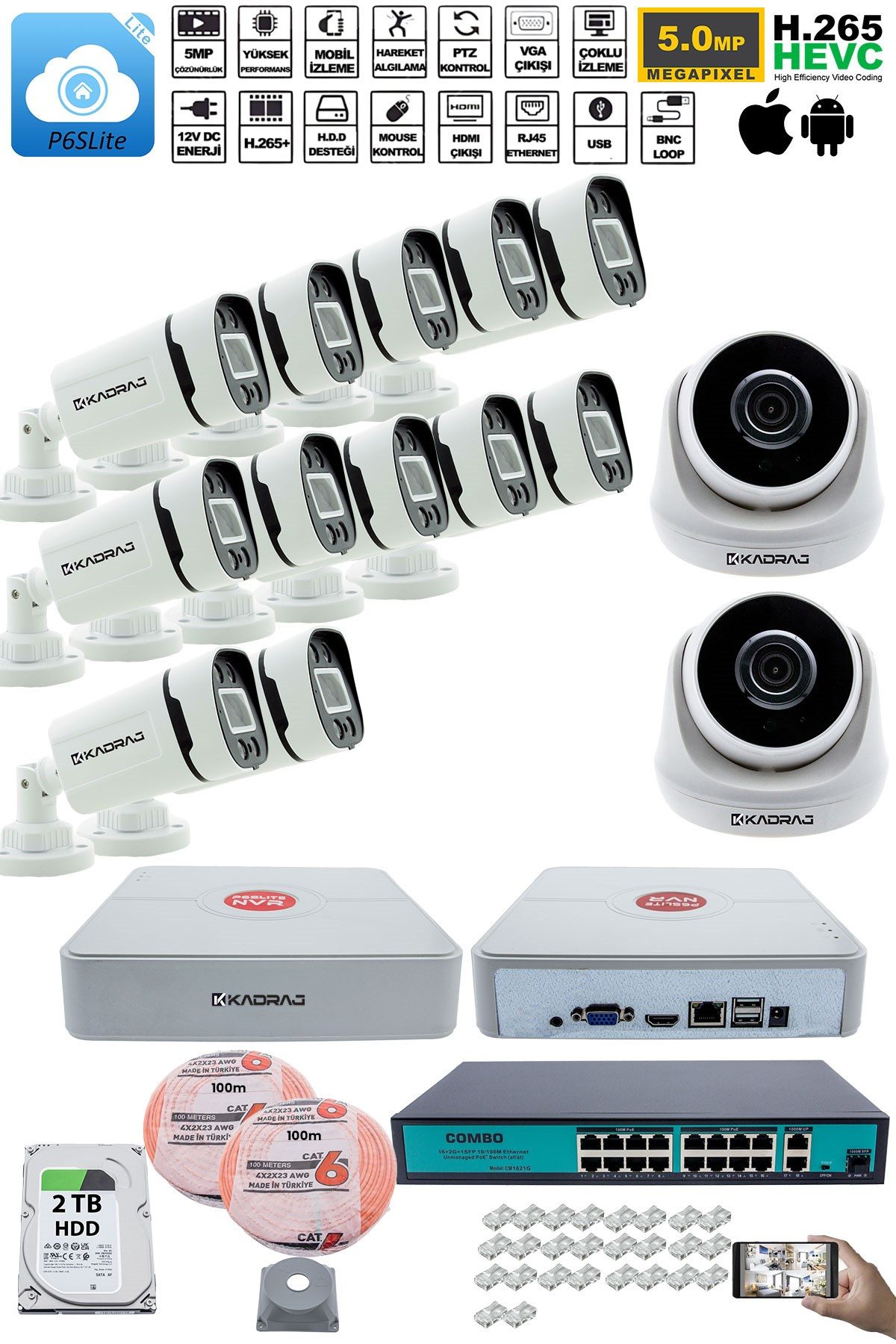 Kadraj IP Güvenlik Kamera Seti - 2 İç Mekan IP Kamera, 12 Dış Mekan IP Kamera, 2TB H.D.D, 16 Kanal NVR, Gece Görüş, Uzaktan İzleme, Hareket Tabiki, İnsan Tes - görsel 2