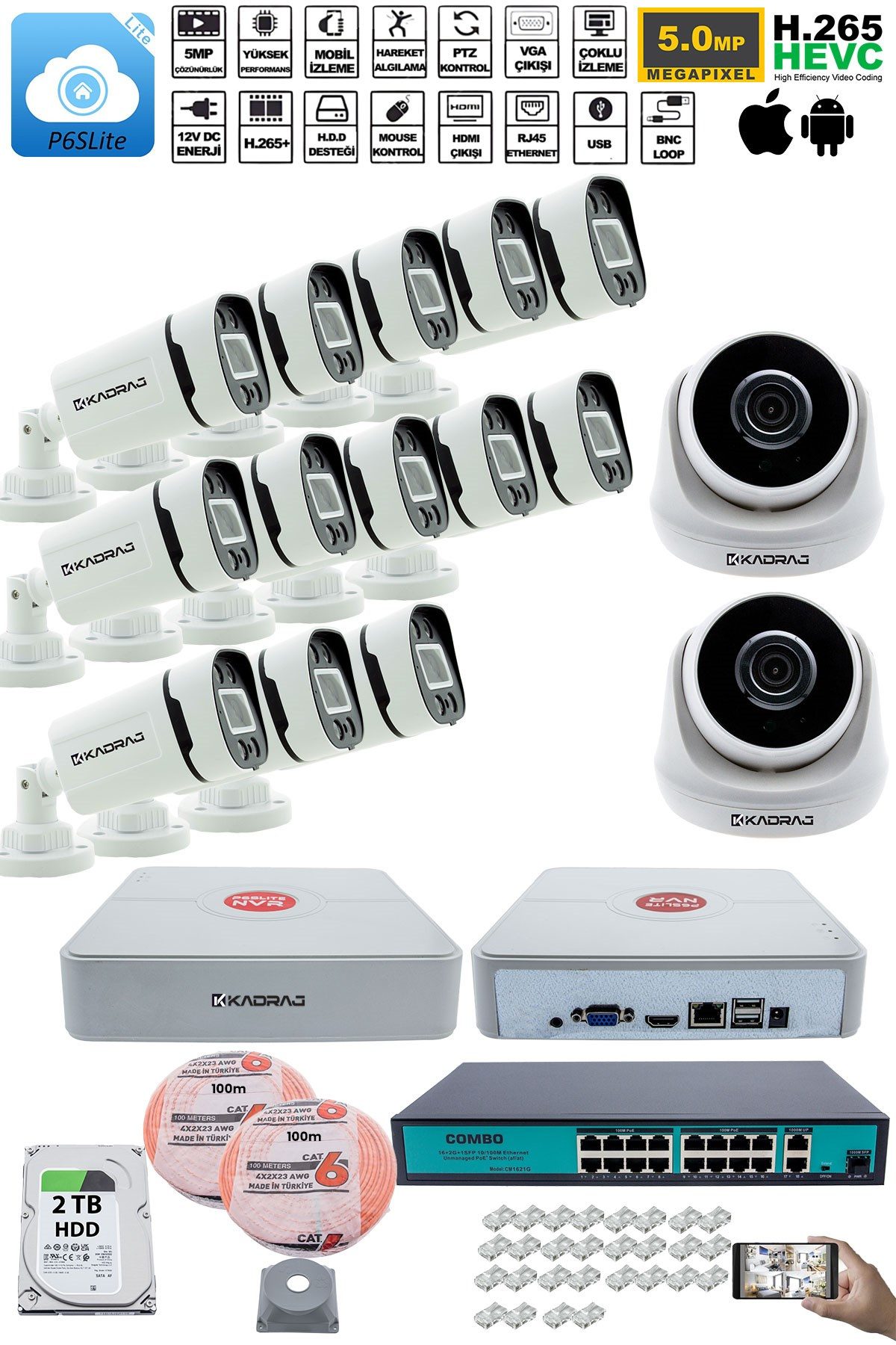 Kadraj IP Güvenlik Kamera Seti - 2 İç Mekan IP Kamera, 13 Dış Mekan IP Kamera, 2TB H.D.D, 16 Kanal NVR, Gece Görüş, Uzaktan İzleme, Hareket Tabiki, İnsan Tes - görsel 2