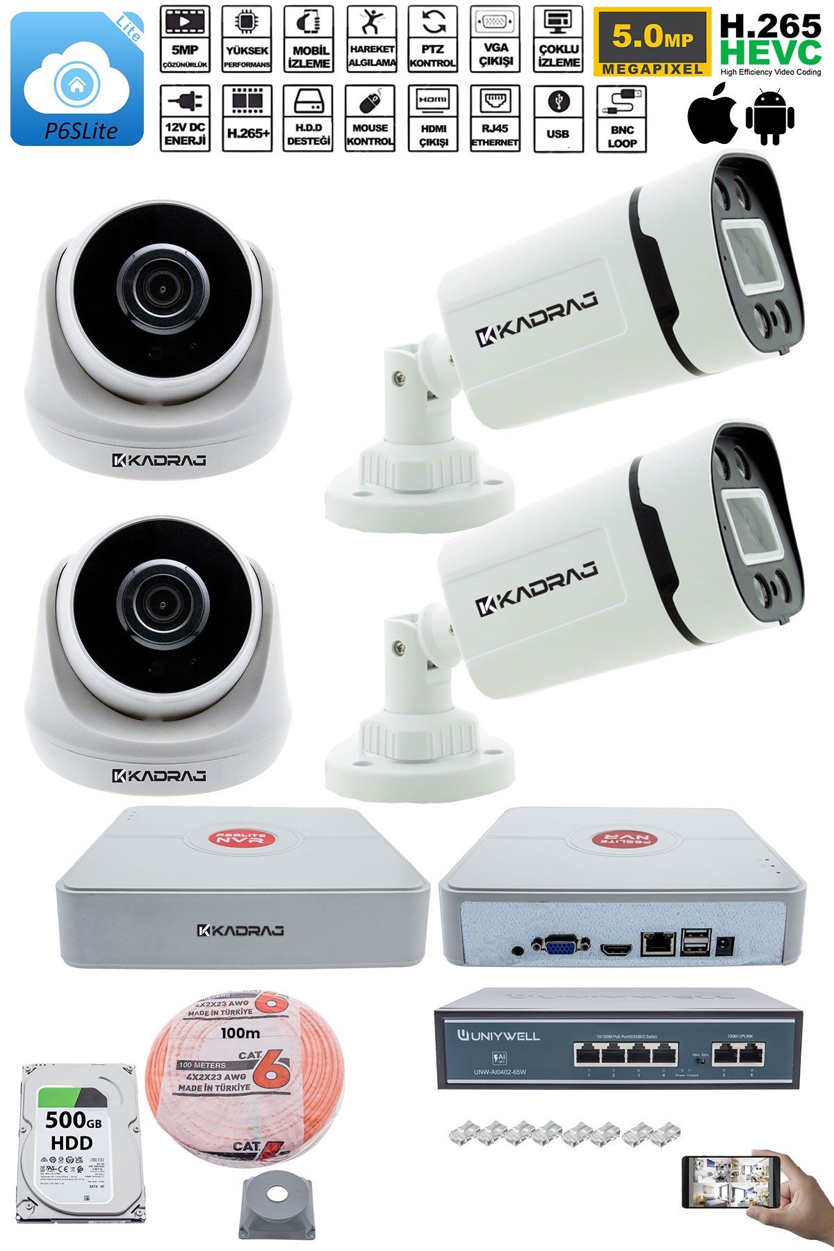 Kadraj IP Güvenlik Kamera Seti - 2 İç Mekan IP Kamera, 2 Dış Mekan IP Kamera, 500GB H.D.D, 9 Kanal NVR, Gece Görüş, Uzaktan İzleme, Hareket Tabiki, İnsan Tes - görsel 2