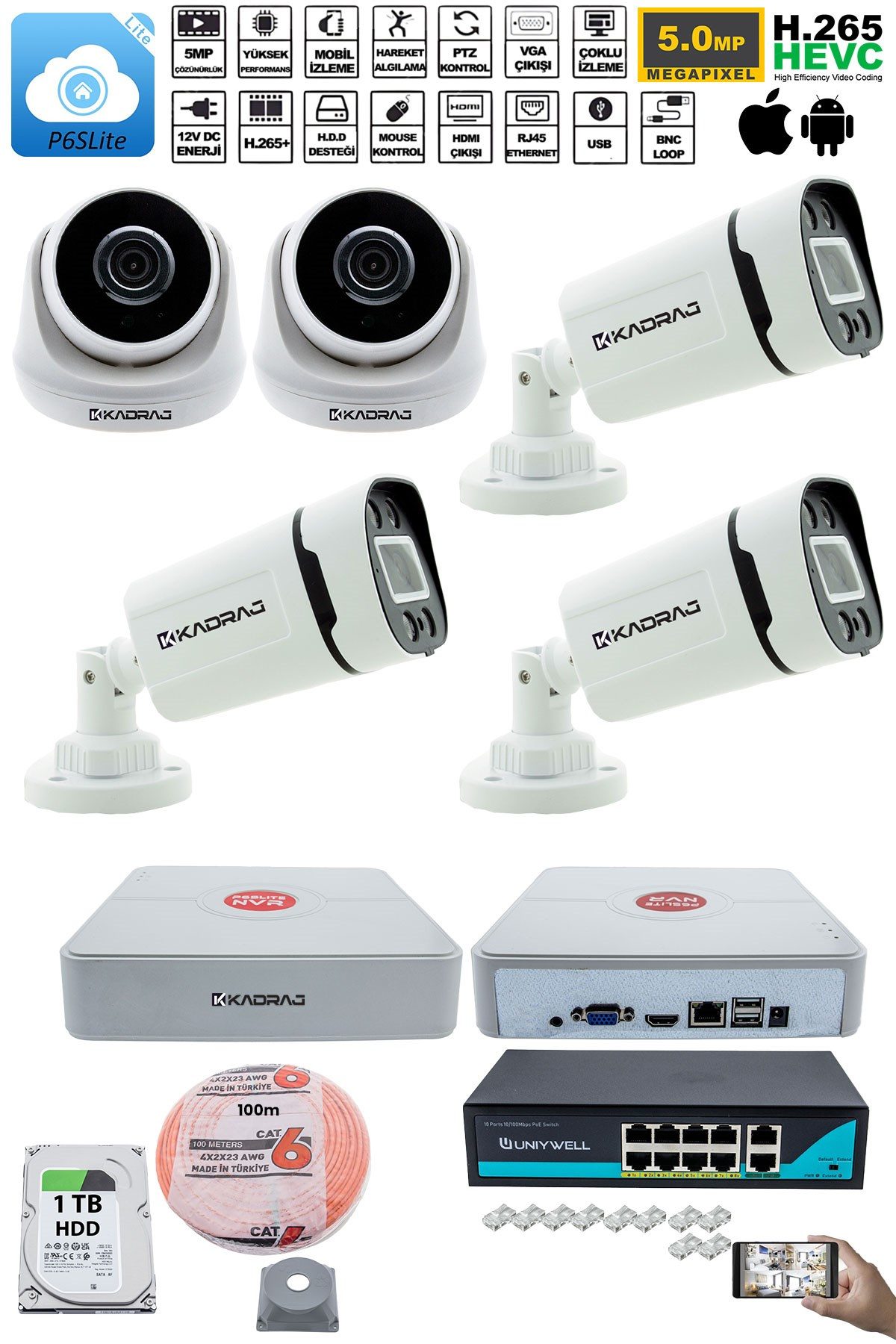 Kadraj IP Güvenlik Kamera Seti - 2 İç Mekan IP Kamera, 3 Dış Mekan IP Kamera, 1TB H.D.D, 9 Kanal NVR, Gece Görüş, Uzaktan İzleme, Hareket Tabiki, İnsan Tespi - görsel 2