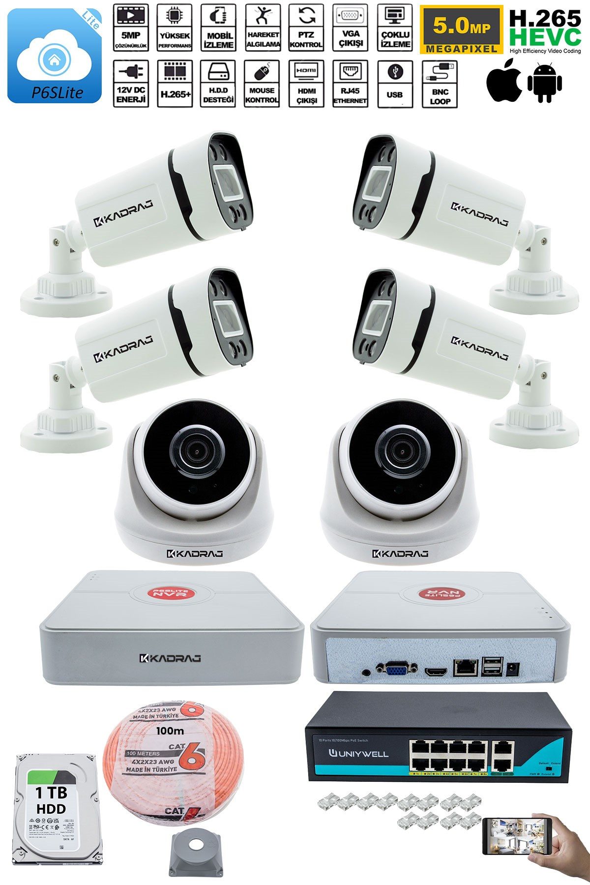 Kadraj IP Güvenlik Kamera Seti - 2 İç Mekan IP Kamera, 4 Dış Mekan IP Kamera, 1TB H.D.D, 9 Kanal NVR, Gece Görüş, Uzaktan İzleme, Hareket Tabiki, İnsan Tespi - görsel 2