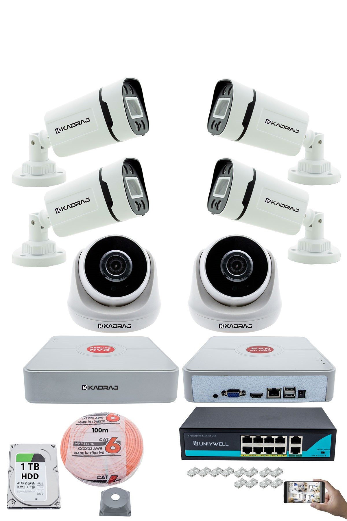 Kadraj IP Güvenlik Kamera Seti - 2 İç Mekan IP Kamera, 4 Dış Mekan IP Kamera, 1TB H.D.D, 9 Kanal NVR, Gece Görüş, Uzaktan İzleme, Hareket Tabiki, İnsan Tespi