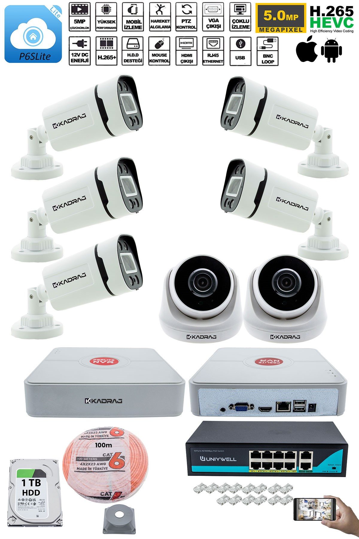 Kadraj IP Güvenlik Kamera Seti - 2 İç Mekan IP Kamera, 5 Dış Mekan IP Kamera, 1TB H.D.D, 9 Kanal NVR, Gece Görüş, Uzaktan İzleme, Hareket Tabiki, İnsan Tespi - görsel 2