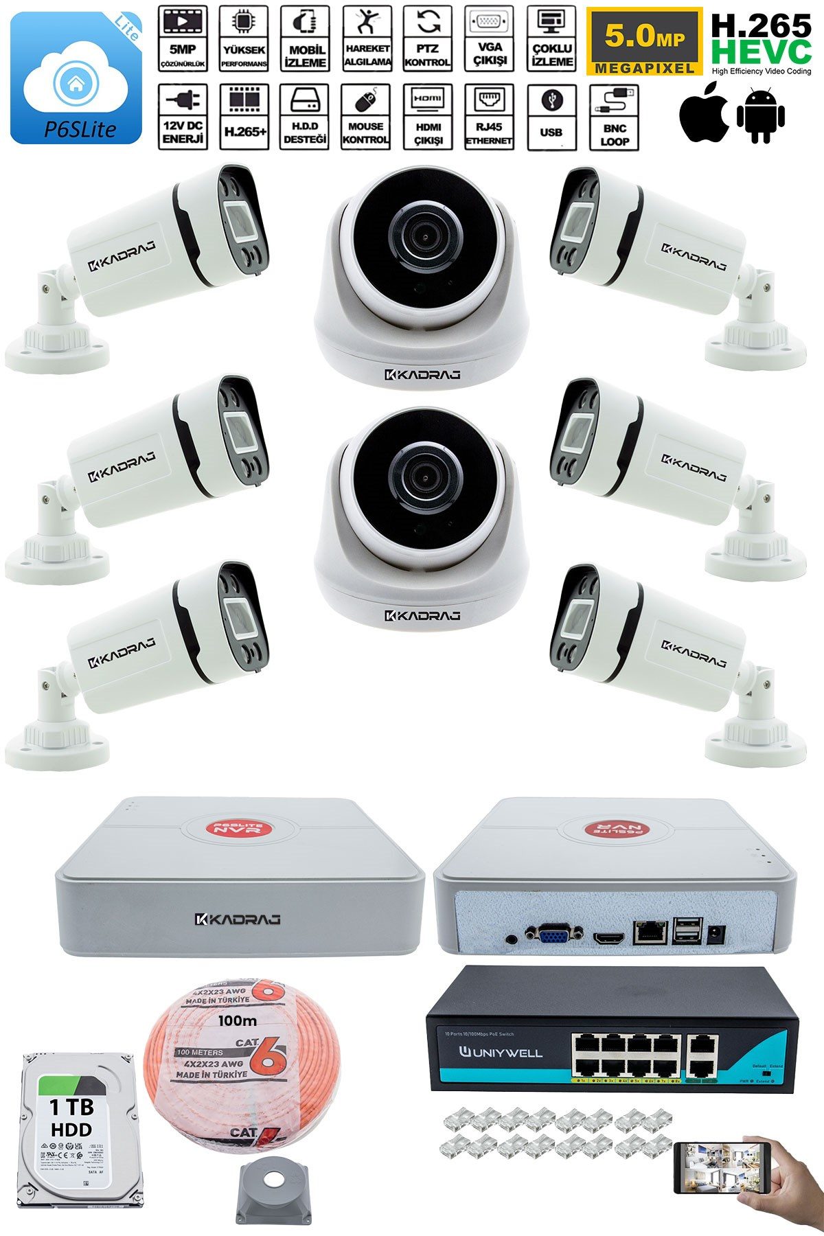 Kadraj IP Güvenlik Kamera Seti - 2 İç Mekan IP Kamera, 6 Dış Mekan IP Kamera, 1TB H.D.D, 9 Kanal NVR, Gece Görüş, Uzaktan İzleme, Hareket Tabiki, İnsan Tespi - görsel 2
