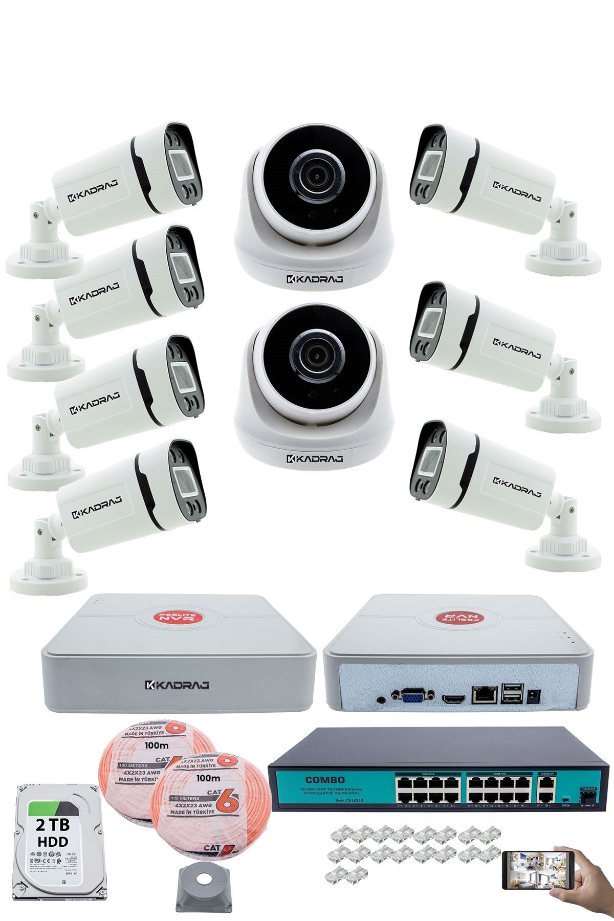 Kadraj IP Güvenlik Kamera Seti - 2 İç Mekan IP Kamera, 7 Dış Mekan IP Kamera, 2TB H.D.D, 16 Kanal NVR, Gece Görüş, Uzaktan İzleme, Hareket Tabiki, İnsan Tesp