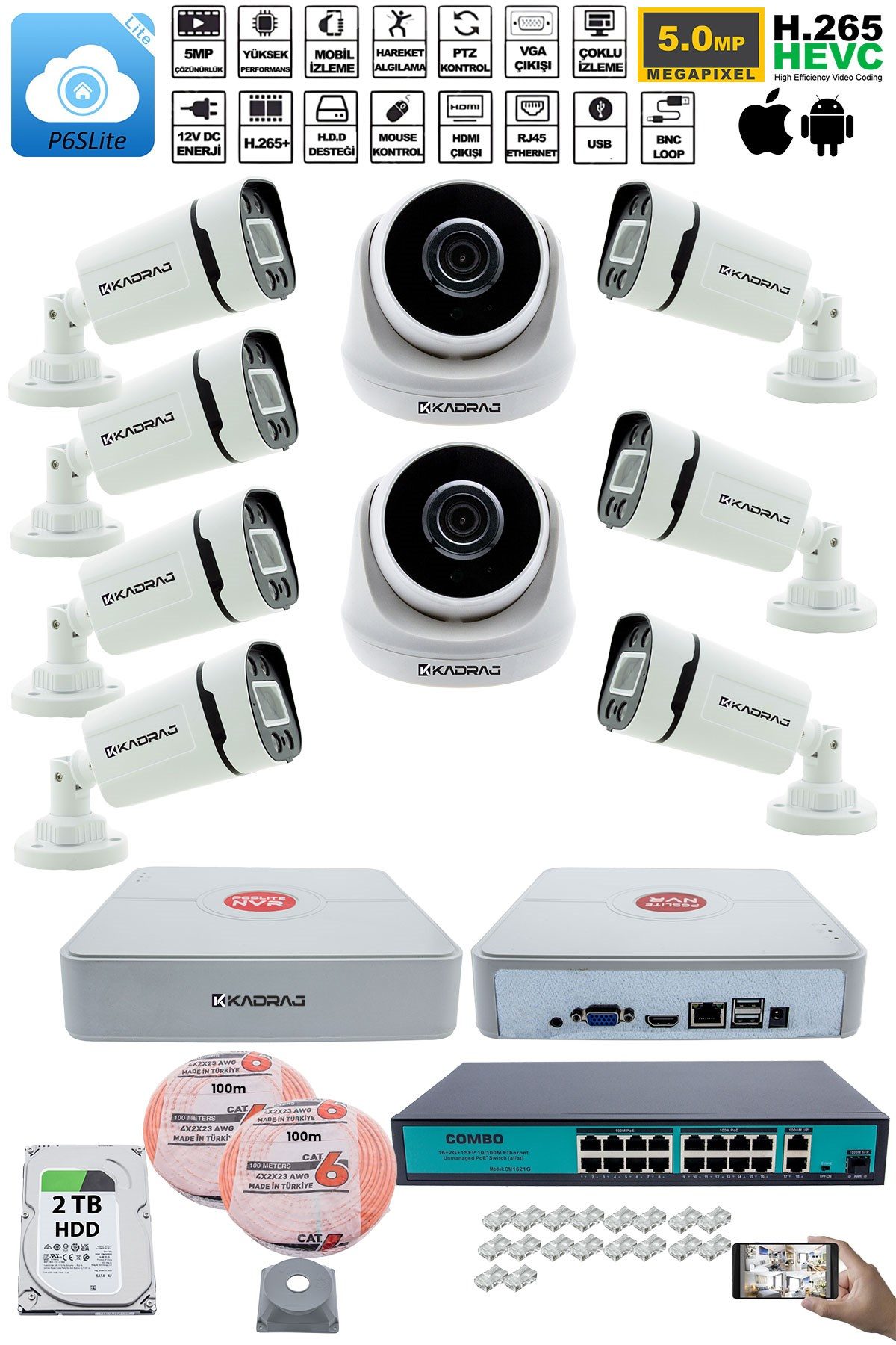 Kadraj IP Güvenlik Kamera Seti - 2 İç Mekan IP Kamera, 7 Dış Mekan IP Kamera, 2TB H.D.D, 16 Kanal NVR, Gece Görüş, Uzaktan İzleme, Hareket Tabiki, İnsan Tesp - görsel 2