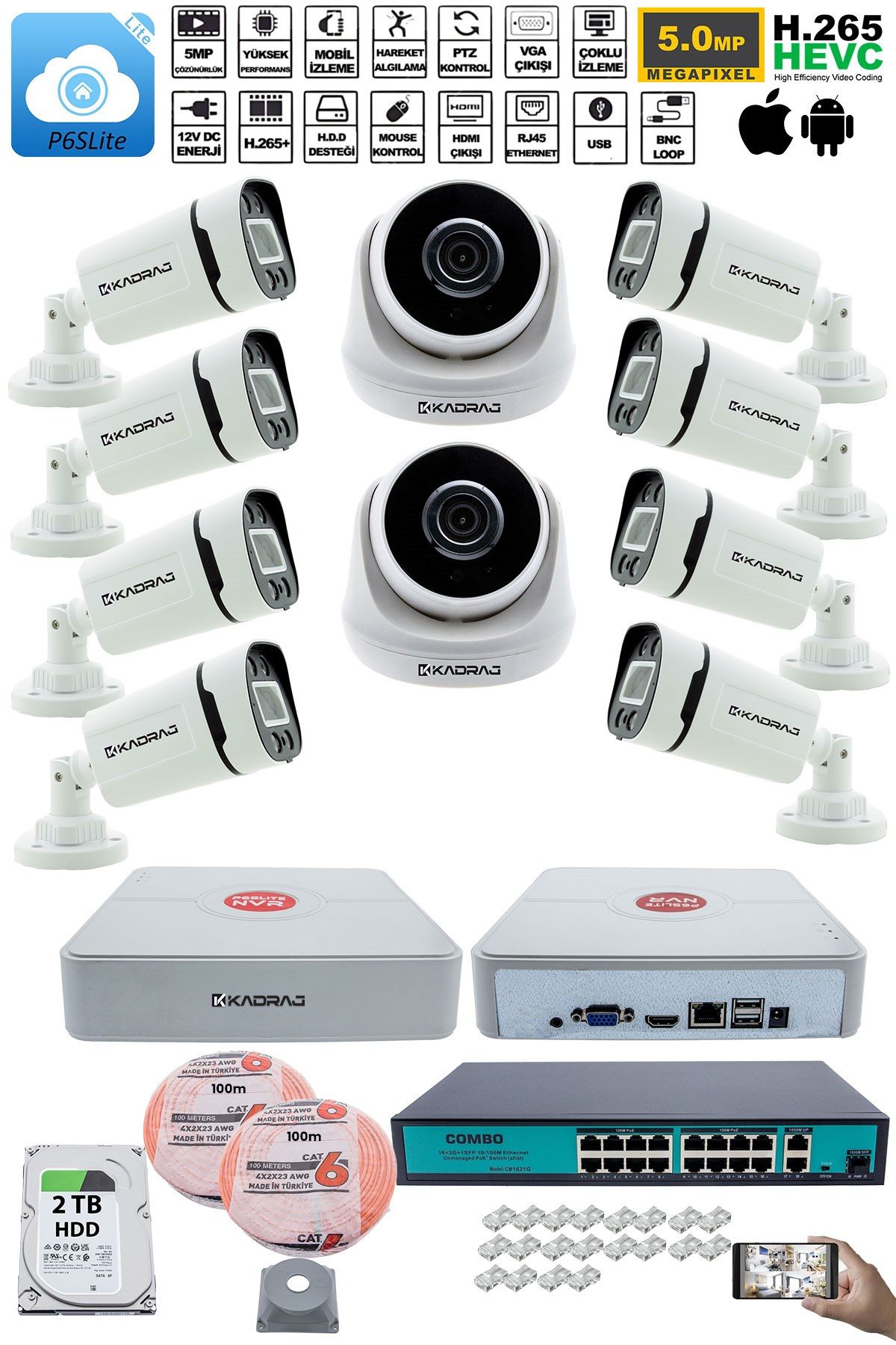 Kadraj IP Güvenlik Kamera Seti - 2 İç Mekan IP Kamera, 8 Dış Mekan IP Kamera, 2TB H.D.D, 16 Kanal NVR, Gece Görüş, Uzaktan İzleme, Hareket Tabiki, İnsan Tesp - görsel 2