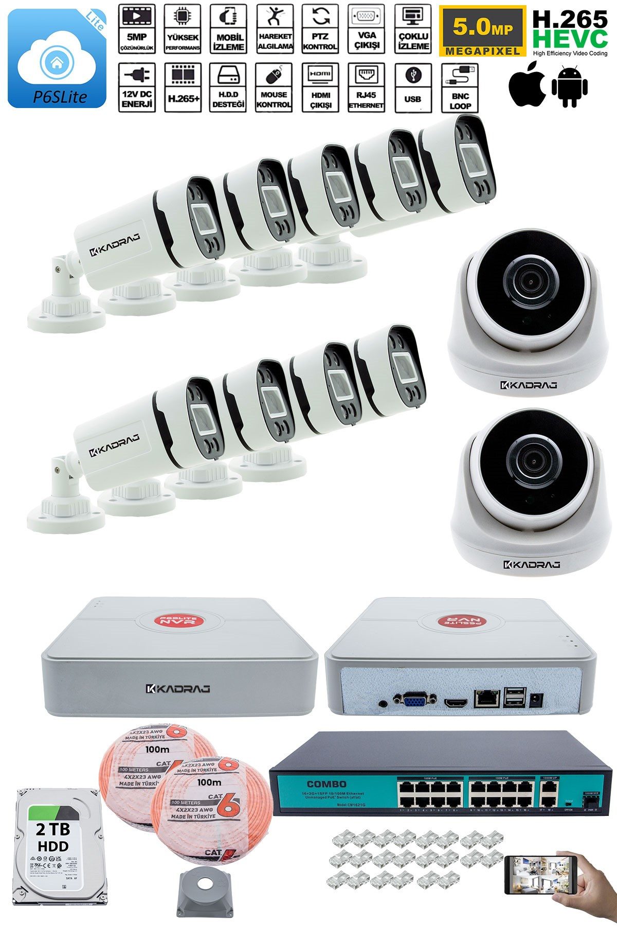 Kadraj IP Güvenlik Kamera Seti - 2 İç Mekan IP Kamera, 9 Dış Mekan IP Kamera, 2TB H.D.D, 16 Kanal NVR, Gece Görüş, Uzaktan İzleme, Hareket Tabiki, İnsan Tesp - görsel 2