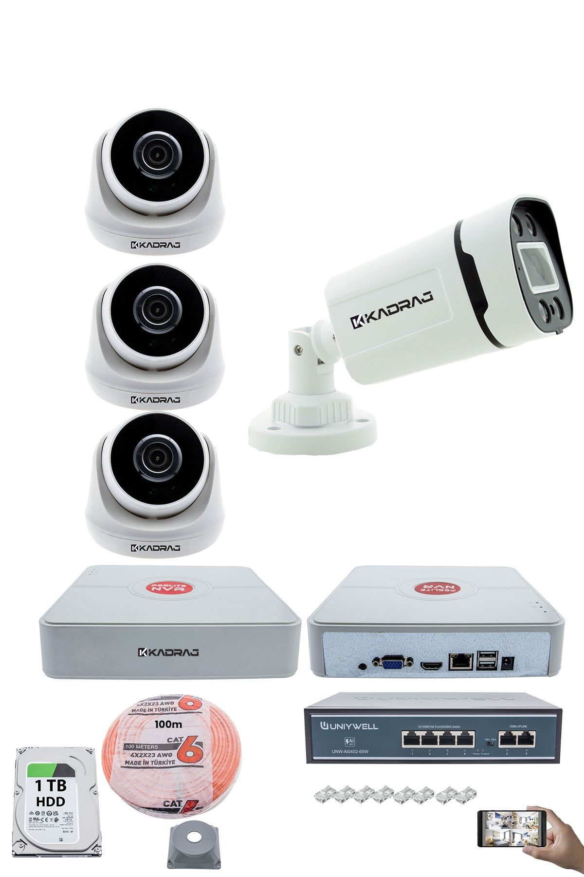 Kadraj IP Güvenlik Kamera Seti - 3 İç Mekan IP Kamera, 1 Dış Mekan IP Kamera, 1TB H.D.D, 9 Kanal NVR, Gece Görüş, Uzaktan İzleme, Hareket Tabiki, İnsan Tespi