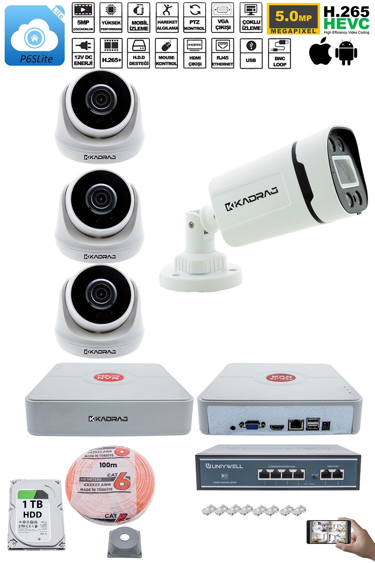 Kadraj IP Güvenlik Kamera Seti - 3 İç Mekan IP Kamera, 1 Dış Mekan IP Kamera, 1TB H.D.D, 9 Kanal NVR, Gece Görüş, Uzaktan İzleme, Hareket Tabiki, İnsan Tespi - görsel 2