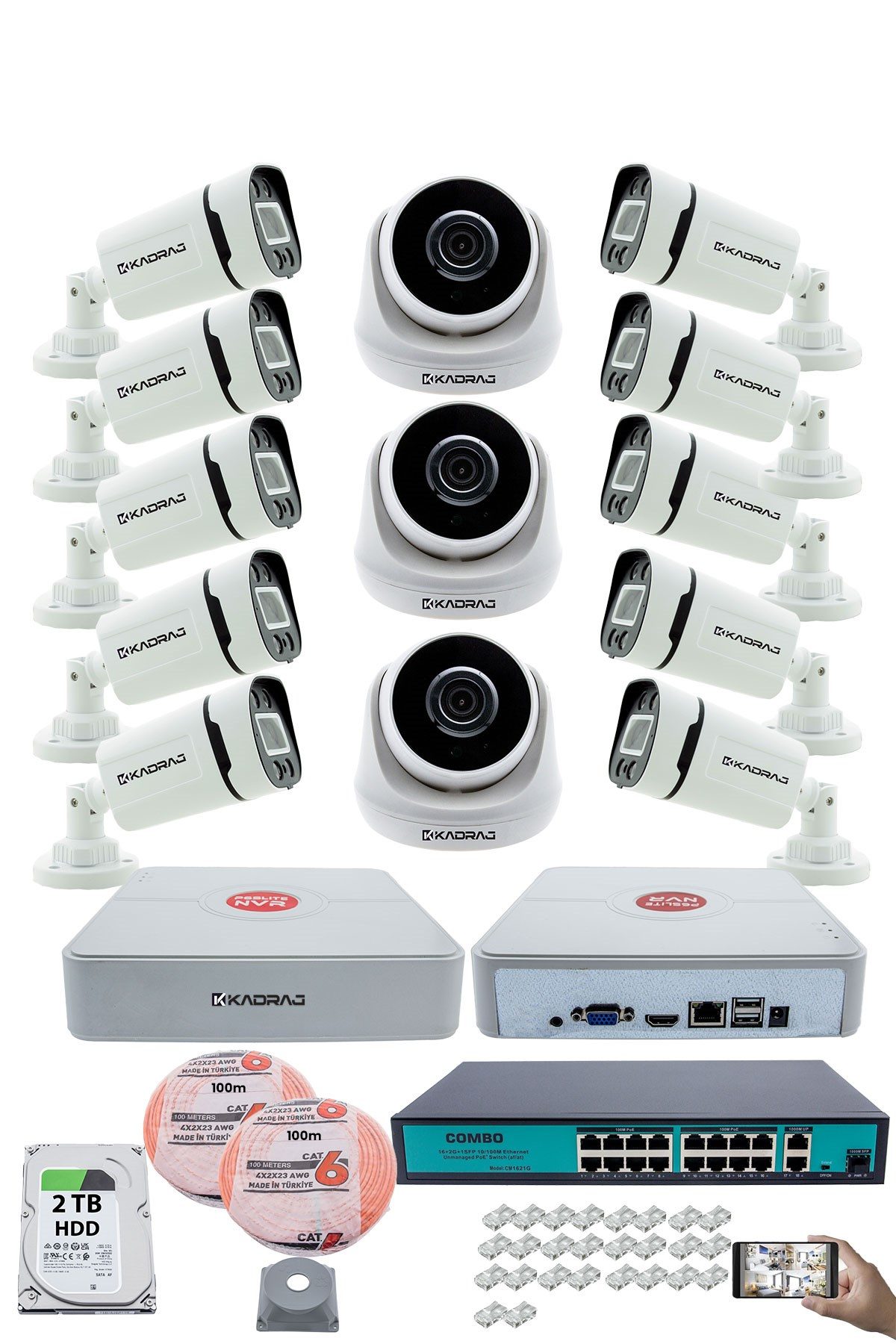 Kadraj IP Güvenlik Kamera Seti - 3 İç Mekan IP Kamera, 10 Dış Mekan IP Kamera, 2TB H.D.D, 16 Kanal NVR, Gece Görüş, Uzaktan İzleme, Hareket Tabiki, İnsan Tes