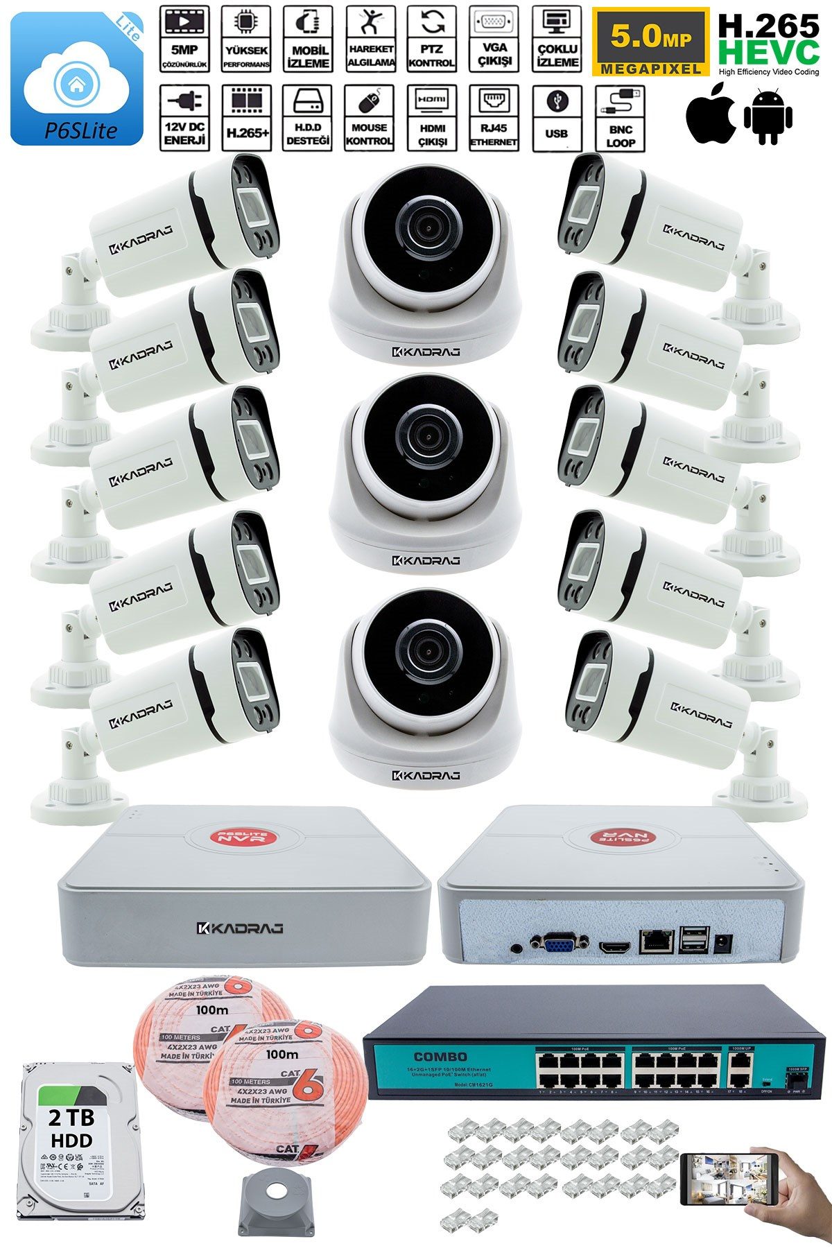 Kadraj IP Güvenlik Kamera Seti - 3 İç Mekan IP Kamera, 10 Dış Mekan IP Kamera, 2TB H.D.D, 16 Kanal NVR, Gece Görüş, Uzaktan İzleme, Hareket Tabiki, İnsan Tes - görsel 2