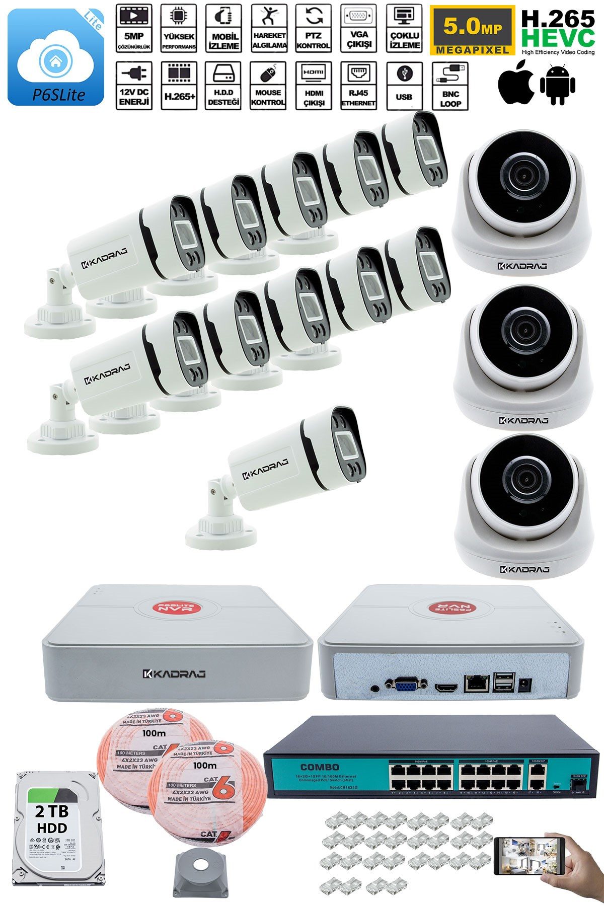 Kadraj IP Güvenlik Kamera Seti - 3 İç Mekan IP Kamera, 11 Dış Mekan IP Kamera, 2TB H.D.D, 16 Kanal NVR, Gece Görüş, Uzaktan İzleme, Hareket Tabiki, İnsan Tes - görsel 2