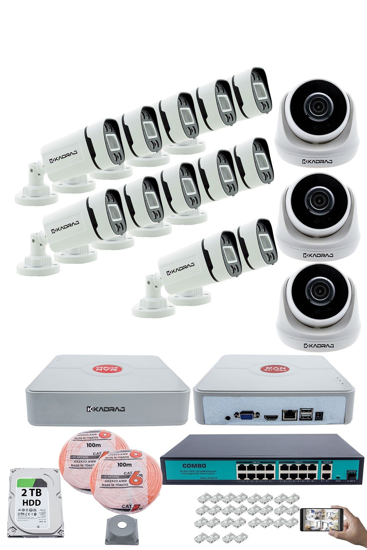 Kadraj IP Güvenlik Kamera Seti - 3 İç Mekan IP Kamera, 12 Dış Mekan IP Kamera, 2TB H.D.D, 16 Kanal NVR, Gece Görüş, Uzaktan İzleme, Hareket Tabiki, İnsan Tes