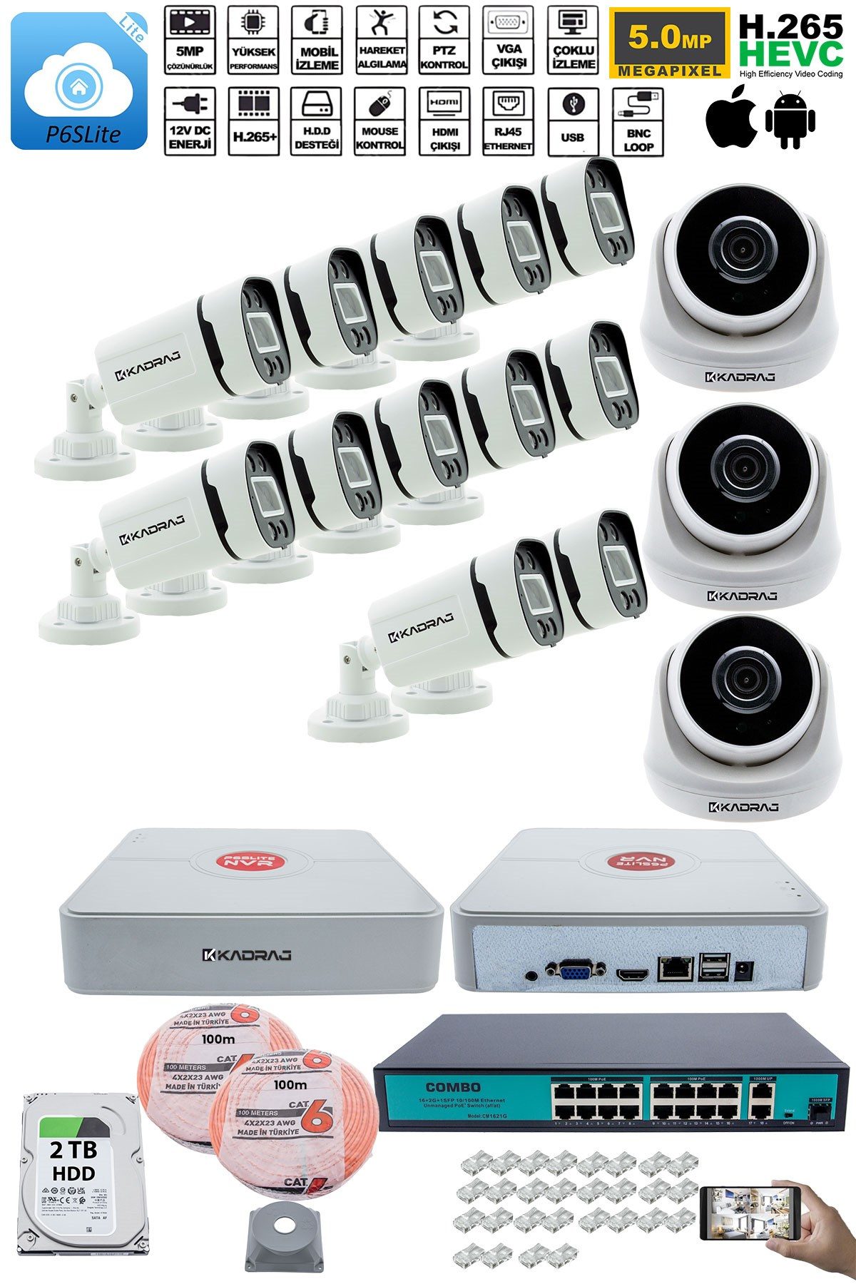 Kadraj IP Güvenlik Kamera Seti - 3 İç Mekan IP Kamera, 12 Dış Mekan IP Kamera, 2TB H.D.D, 16 Kanal NVR, Gece Görüş, Uzaktan İzleme, Hareket Tabiki, İnsan Tes - görsel 2
