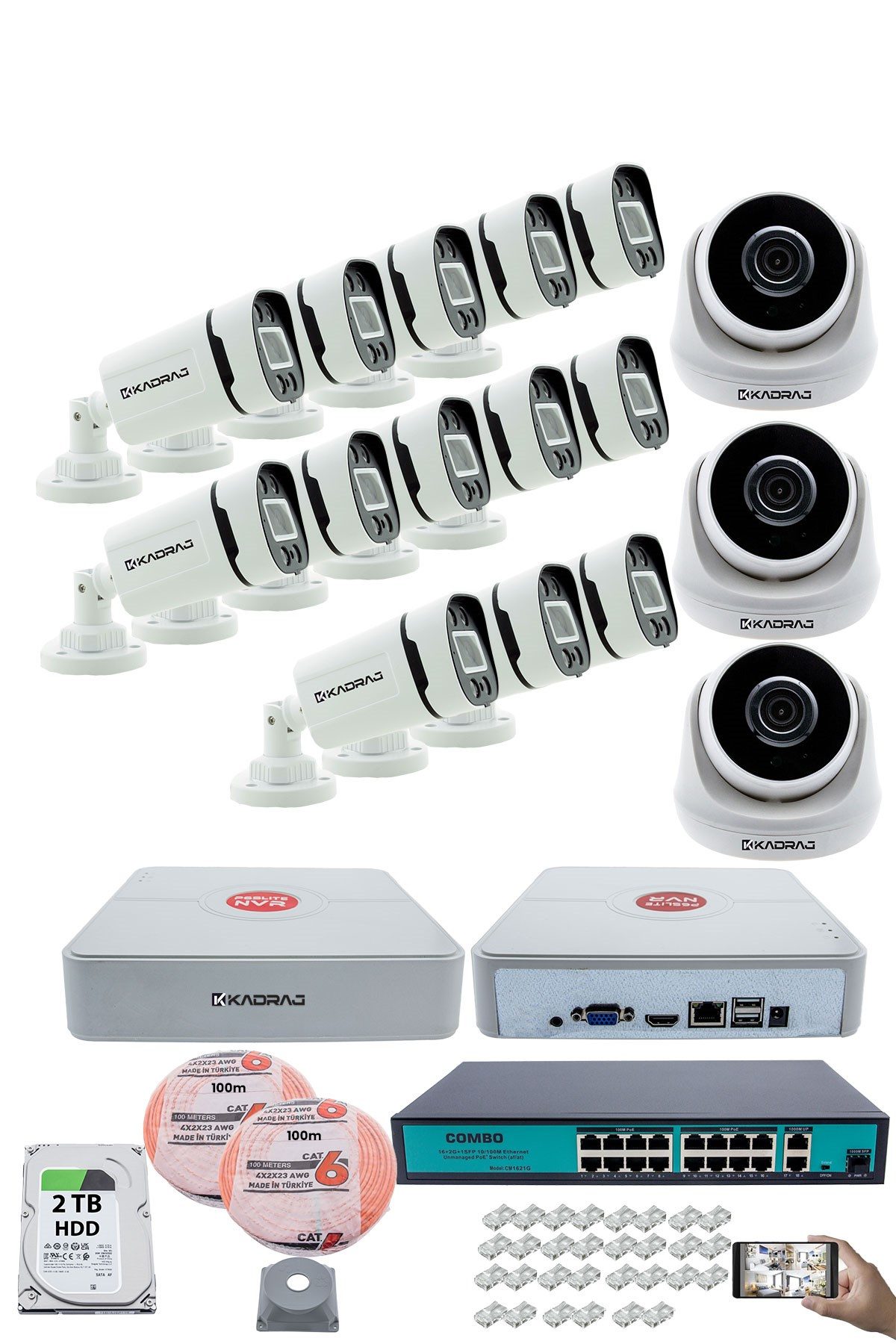 Kadraj IP Güvenlik Kamera Seti - 3 İç Mekan IP Kamera, 13 Dış Mekan IP Kamera, 2TB H.D.D, 16 Kanal NVR, Gece Görüş, Uzaktan İzleme, Hareket Tabiki, İnsan Tes