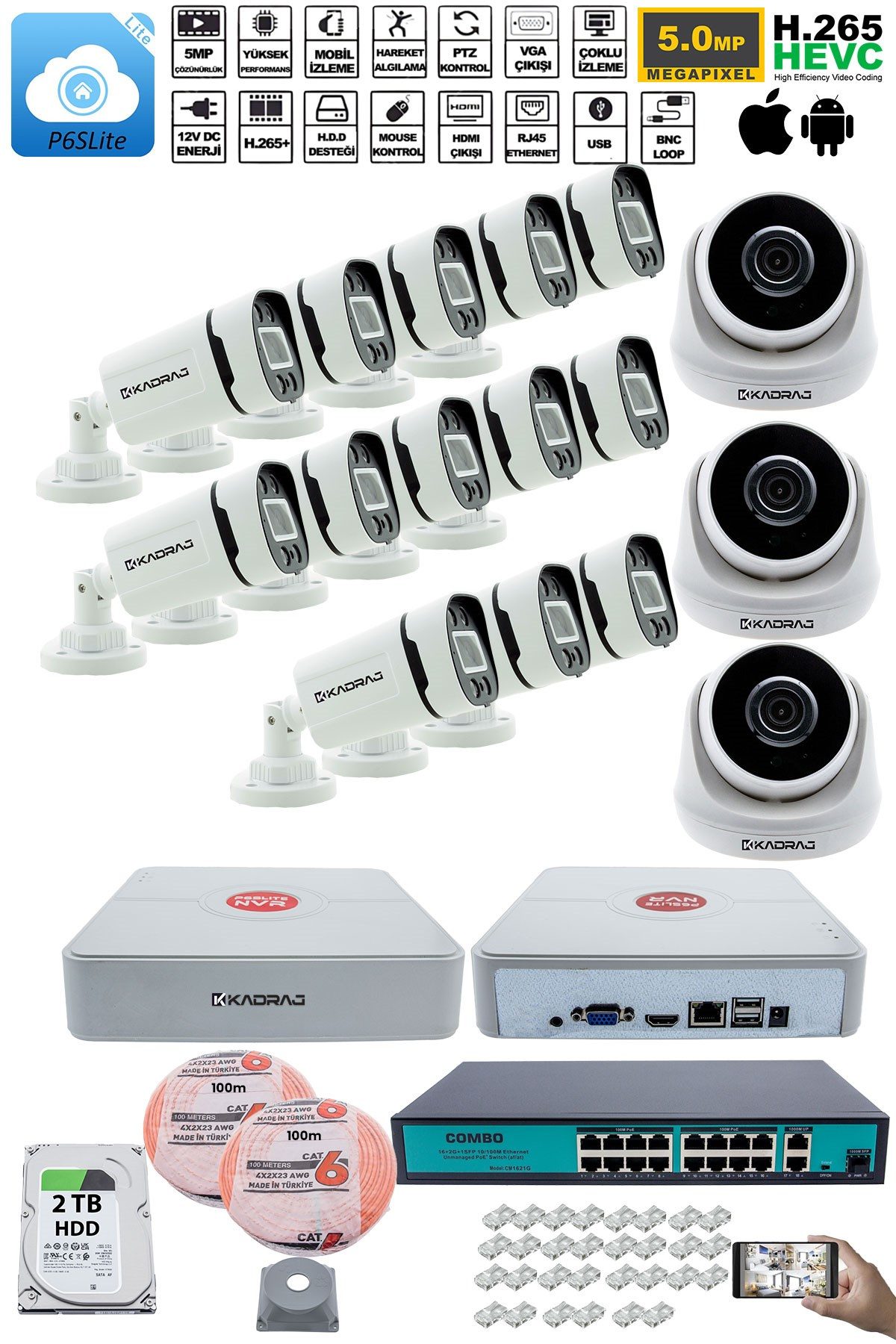 Kadraj IP Güvenlik Kamera Seti - 3 İç Mekan IP Kamera, 13 Dış Mekan IP Kamera, 2TB H.D.D, 16 Kanal NVR, Gece Görüş, Uzaktan İzleme, Hareket Tabiki, İnsan Tes - görsel 2