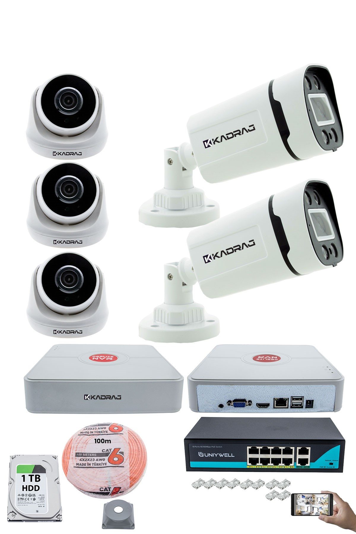 Kadraj IP Güvenlik Kamera Seti - 3 İç Mekan IP Kamera, 2 Dış Mekan IP Kamera, 1TB H.D.D, 9 Kanal NVR, Gece Görüş, Uzaktan İzleme, Hareket Tabiki, İnsan Tespi