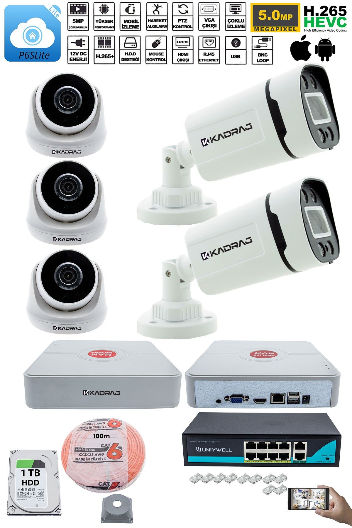 Kadraj IP Güvenlik Kamera Seti - 3 İç Mekan IP Kamera, 2 Dış Mekan IP Kamera, 1TB H.D.D, 9 Kanal NVR, Gece Görüş, Uzaktan İzleme, Hareket Tabiki, İnsan Tespi - görsel 2