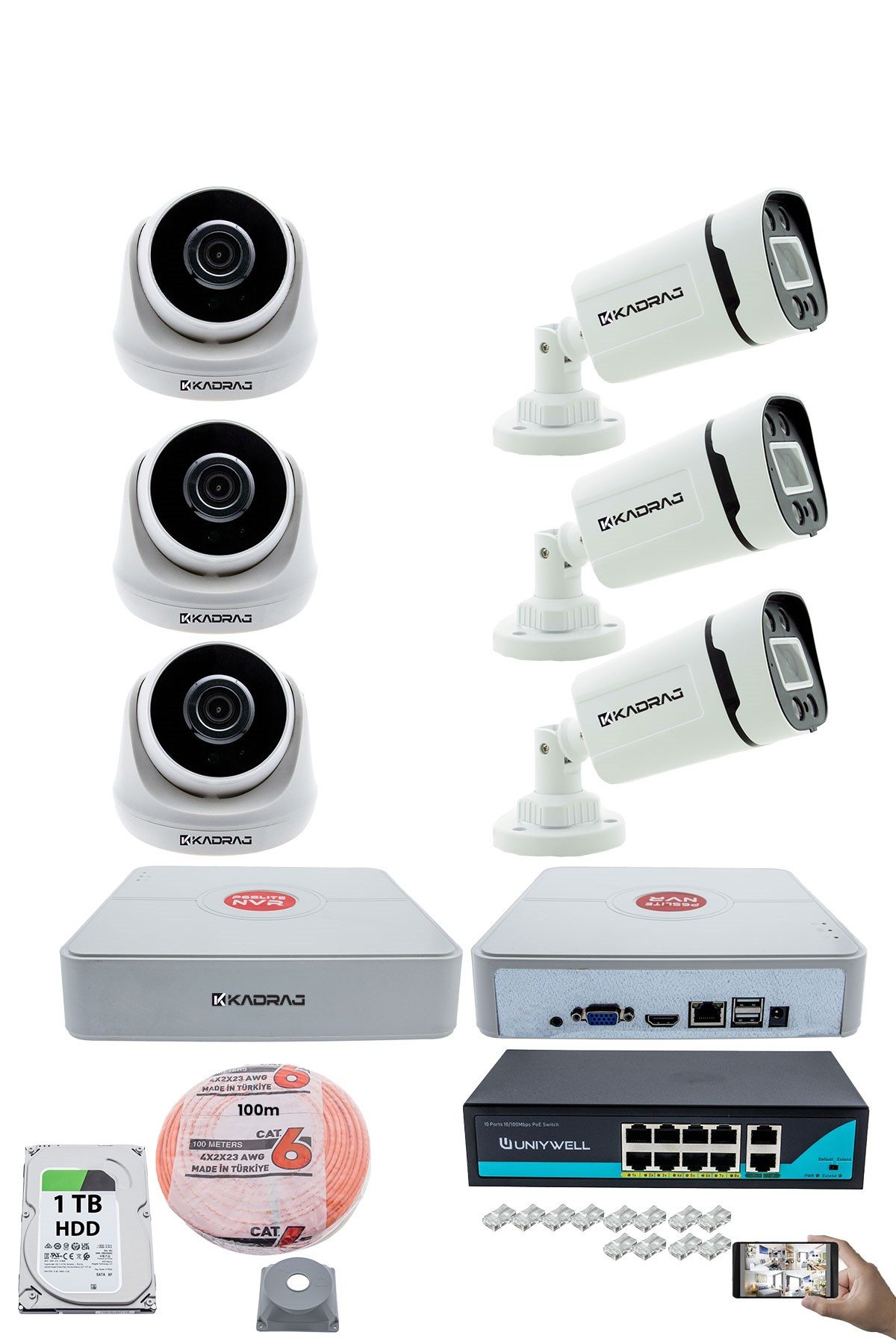 Kadraj IP Güvenlik Kamera Seti - 3 İç Mekan IP Kamera, 3 Dış Mekan IP Kamera, 1TB H.D.D, 9 Kanal NVR, Gece Görüş, Uzaktan İzleme, Hareket Tabiki, İnsan Tespi