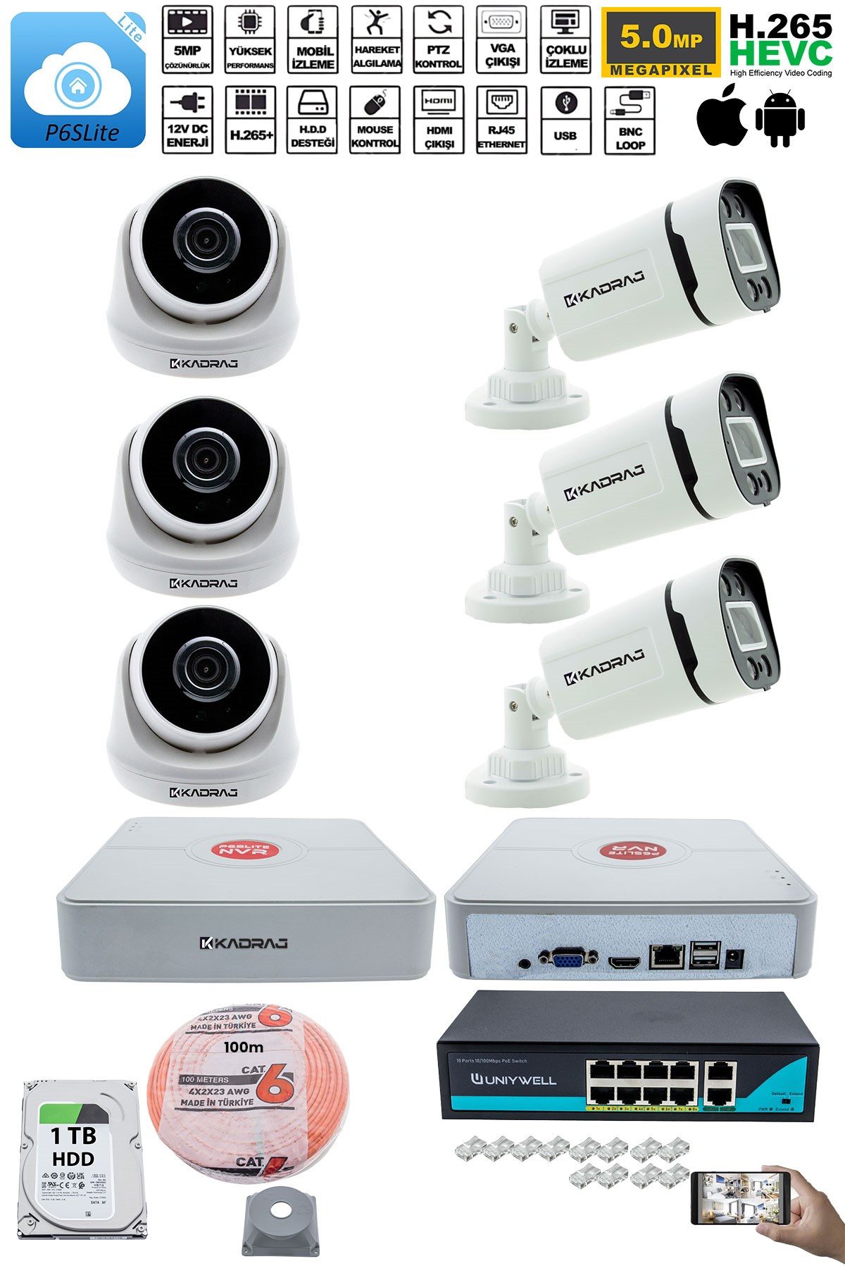 Kadraj IP Güvenlik Kamera Seti - 3 İç Mekan IP Kamera, 3 Dış Mekan IP Kamera, 1TB H.D.D, 9 Kanal NVR, Gece Görüş, Uzaktan İzleme, Hareket Tabiki, İnsan Tespi - görsel 2