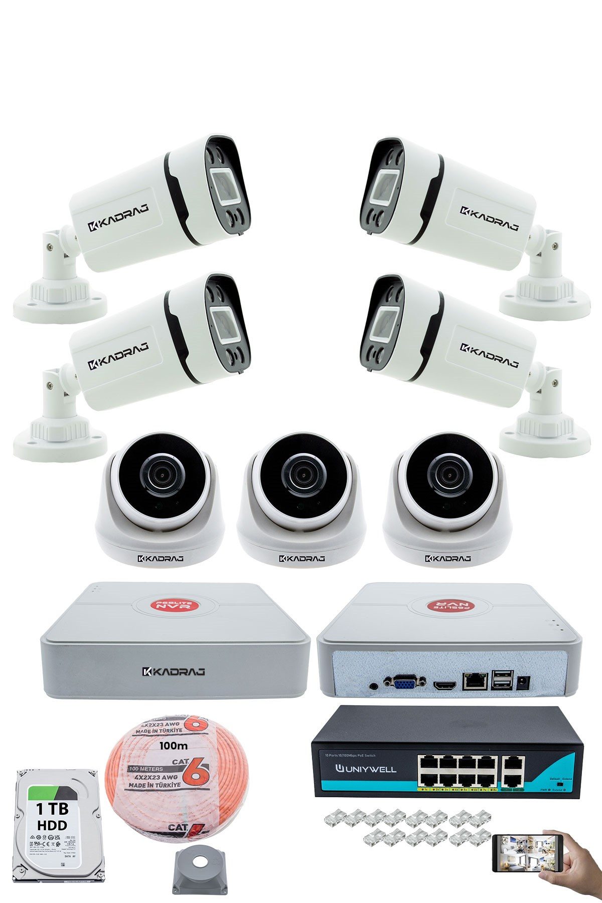 Kadraj IP Güvenlik Kamera Seti - 3 İç Mekan IP Kamera, 4 Dış Mekan IP Kamera, 1TB H.D.D, 9 Kanal NVR, Gece Görüş, Uzaktan İzleme, Hareket Tabiki, İnsan Tespi