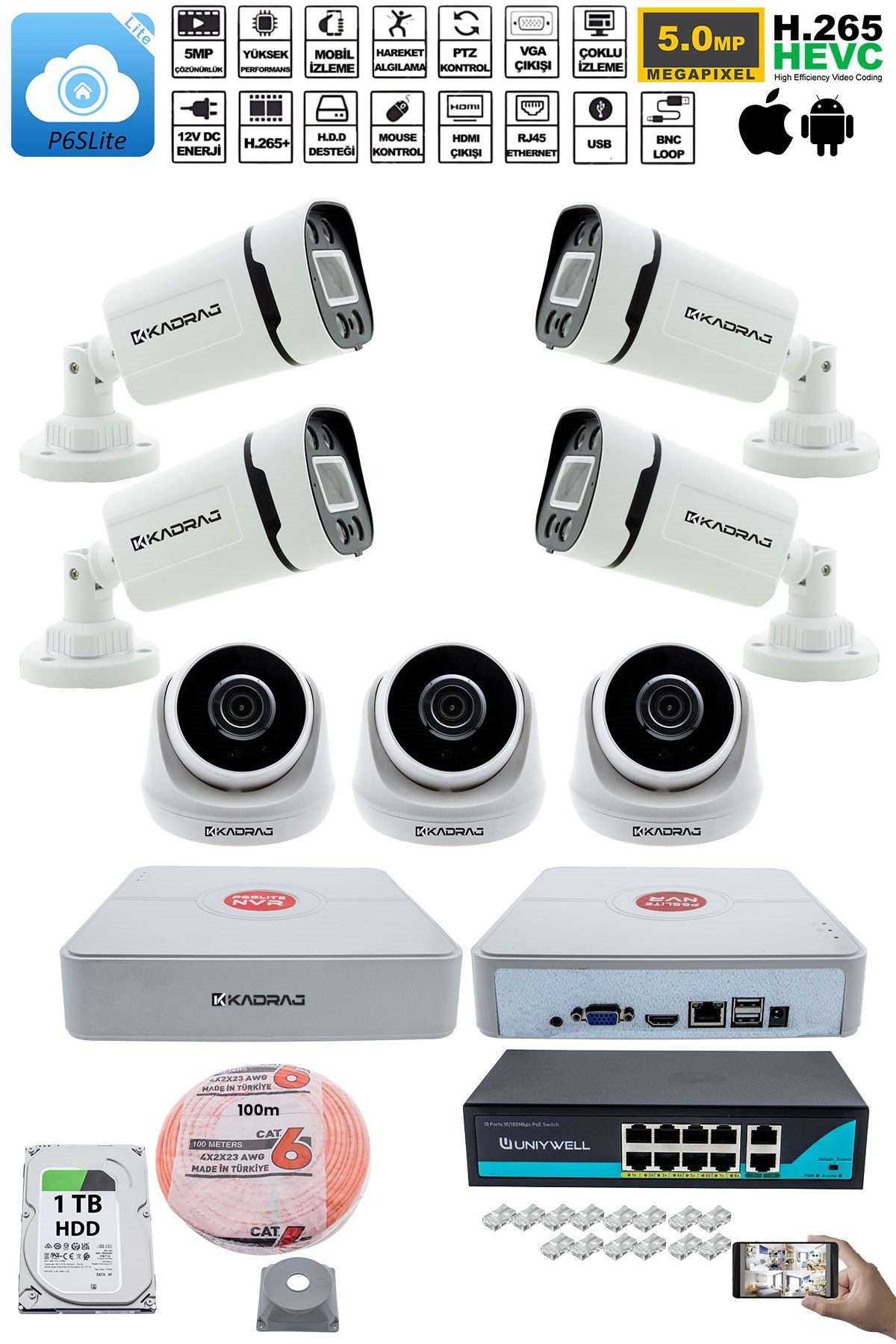 Kadraj IP Güvenlik Kamera Seti - 3 İç Mekan IP Kamera, 4 Dış Mekan IP Kamera, 1TB H.D.D, 9 Kanal NVR, Gece Görüş, Uzaktan İzleme, Hareket Tabiki, İnsan Tespi - görsel 2