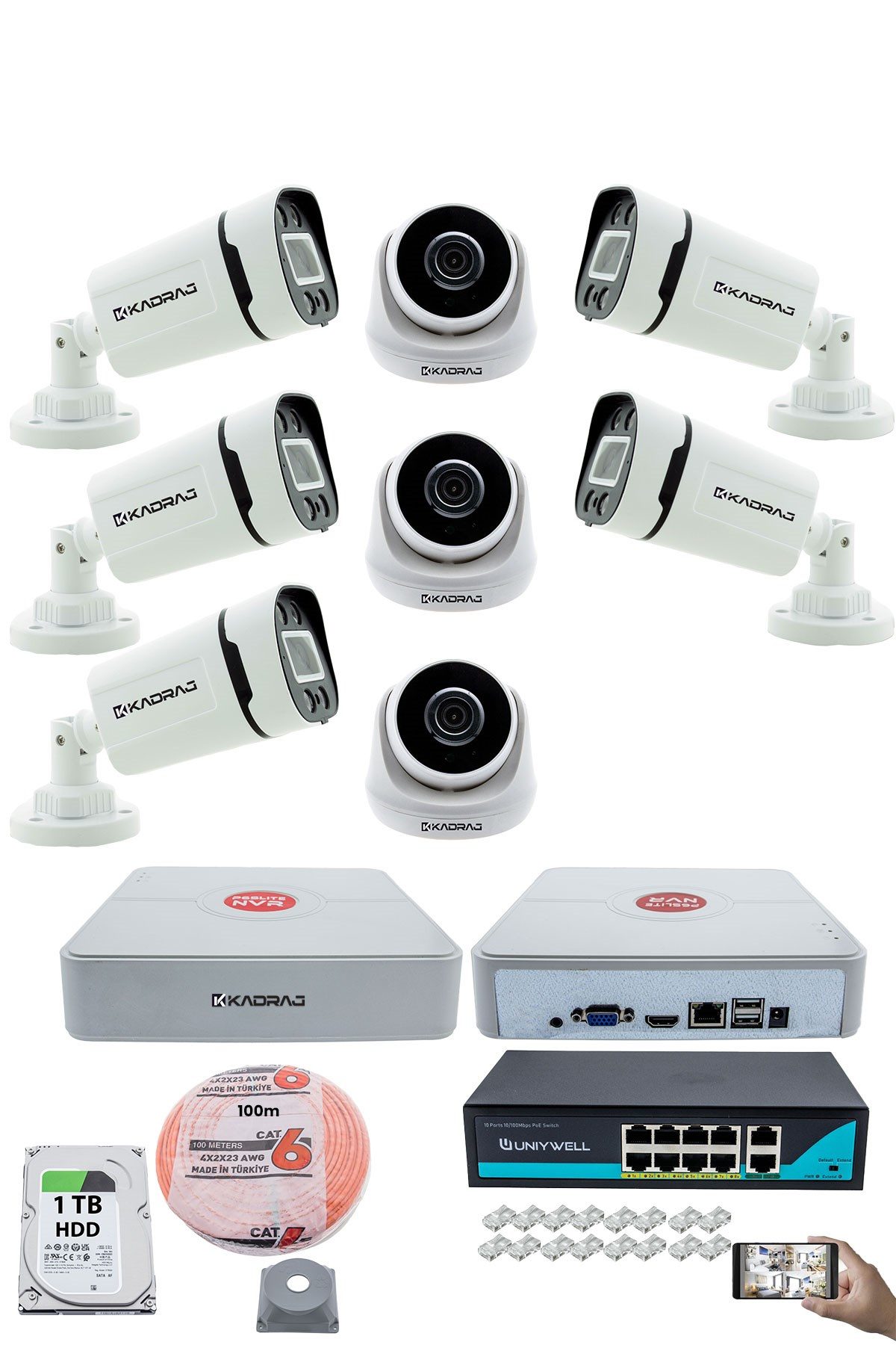 Kadraj IP Güvenlik Kamera Seti - 3 İç Mekan IP Kamera, 5 Dış Mekan IP Kamera, 1TB H.D.D, 9 Kanal NVR, Gece Görüş, Uzaktan İzleme, Hareket Tabiki, İnsan Tespi