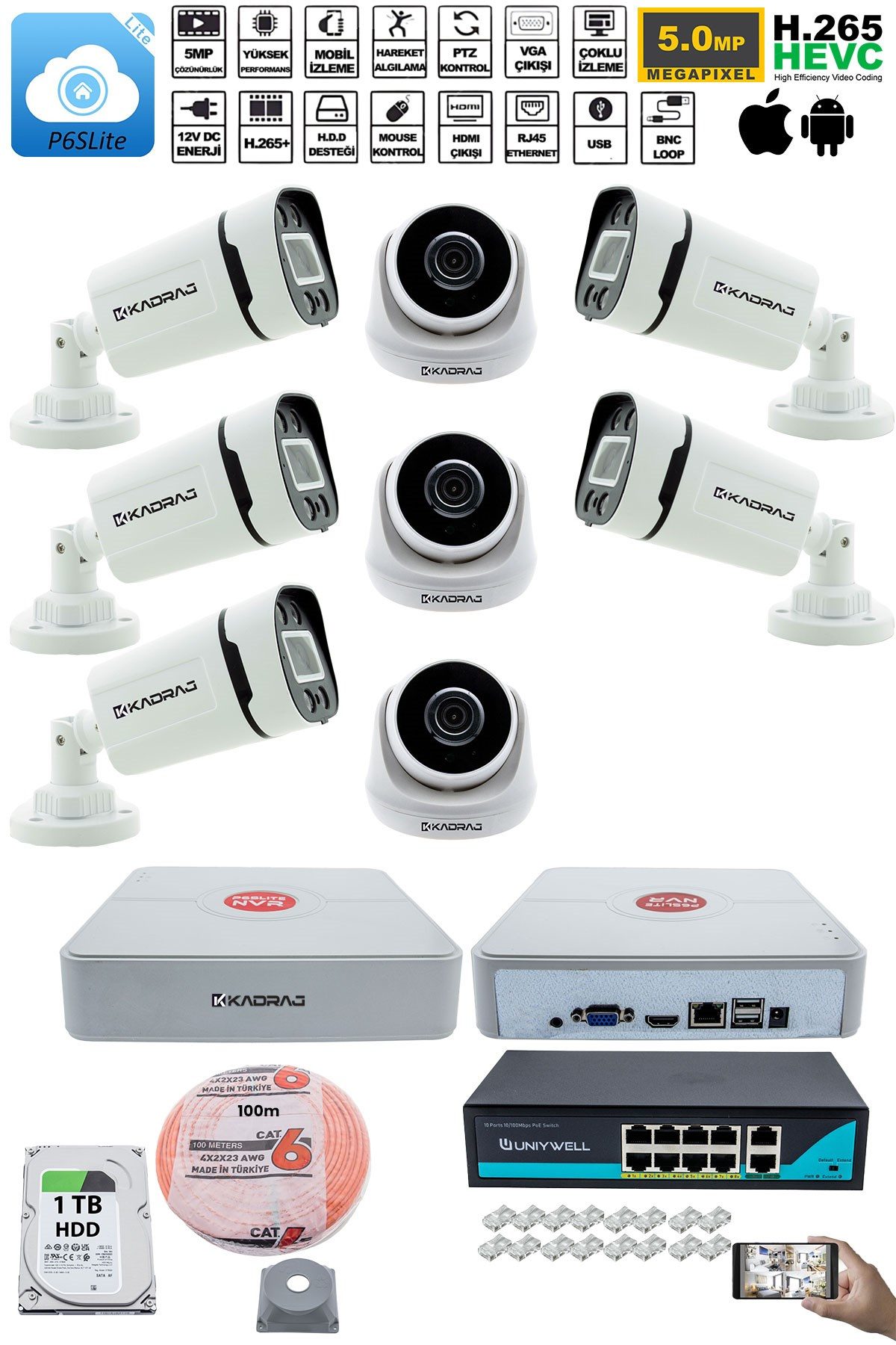 Kadraj IP Güvenlik Kamera Seti - 3 İç Mekan IP Kamera, 5 Dış Mekan IP Kamera, 1TB H.D.D, 9 Kanal NVR, Gece Görüş, Uzaktan İzleme, Hareket Tabiki, İnsan Tespi - görsel 2