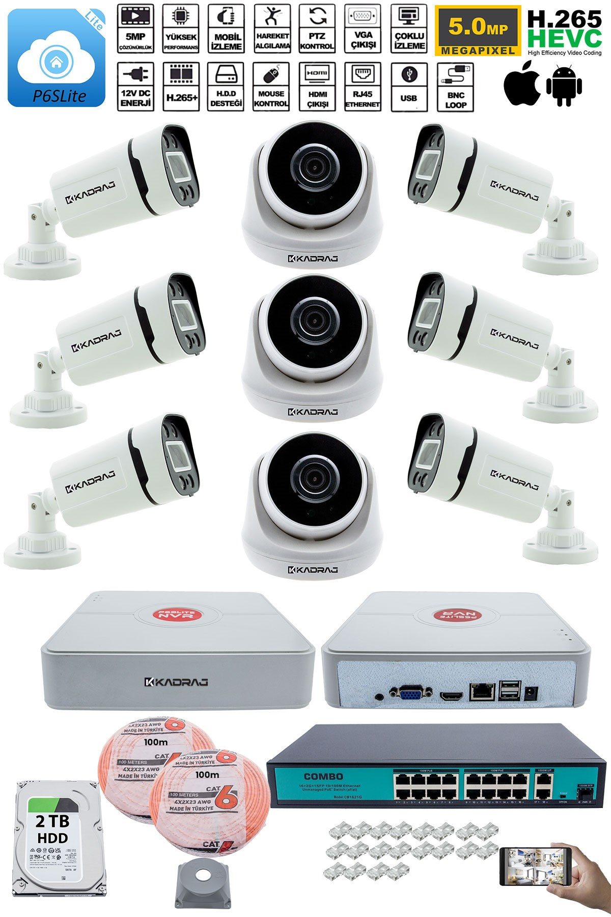 Kadraj IP Güvenlik Kamera Seti - 3 İç Mekan IP Kamera,6 Dış Mekan IP Kamera, 2TB H.D.D, 16 Kanal NVR, Gece Görüş, Uzaktan İzleme, Hareket Tabiki, İnsan Tespi - görsel 2