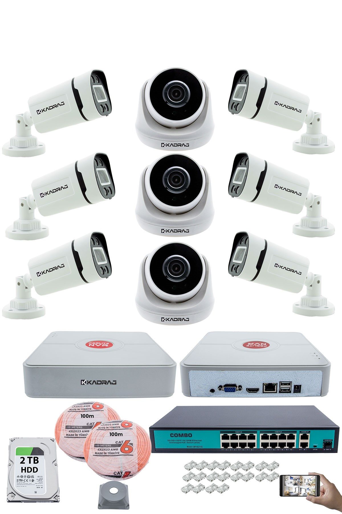 Kadraj IP Güvenlik Kamera Seti - 3 İç Mekan IP Kamera,6 Dış Mekan IP Kamera, 2TB H.D.D, 16 Kanal NVR, Gece Görüş, Uzaktan İzleme, Hareket Tabiki, İnsan Tespi