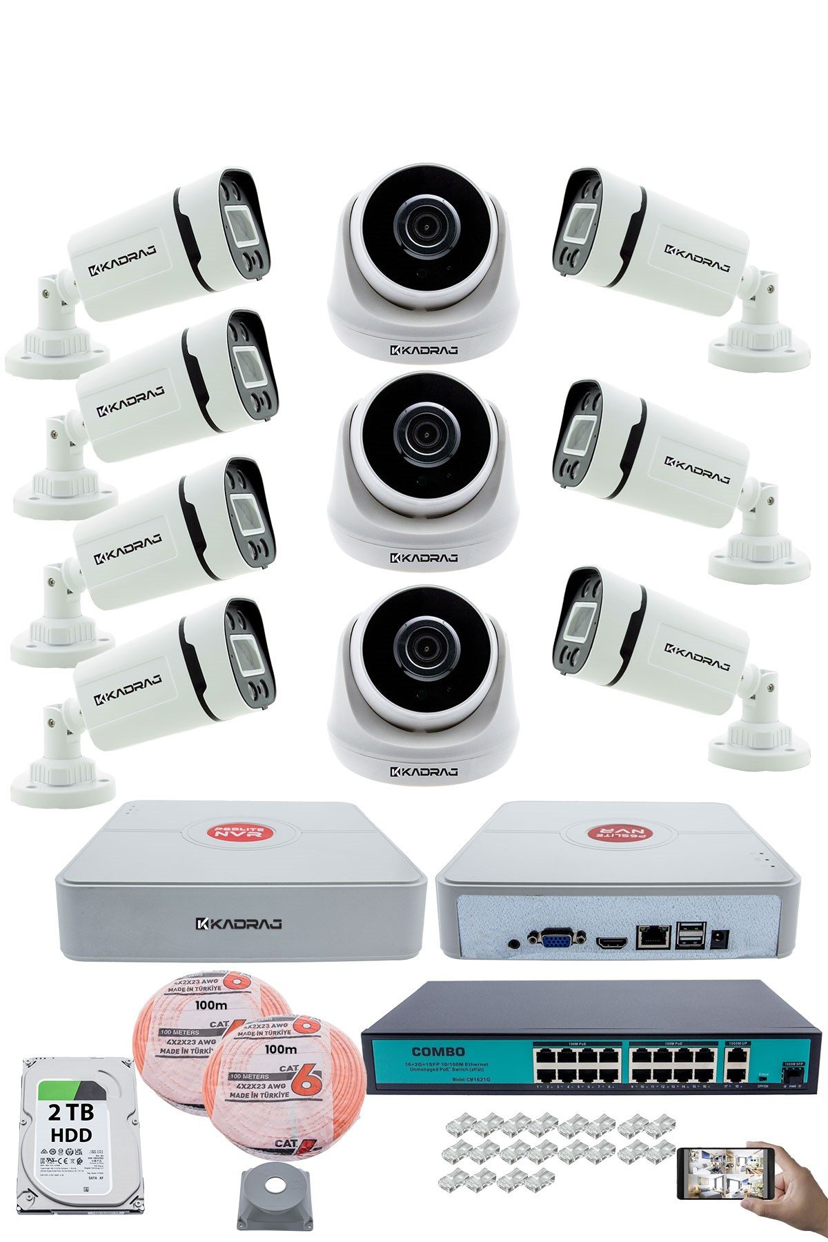 Kadraj IP Güvenlik Kamera Seti - 3 İç Mekan IP Kamera,7 Dış Mekan IP Kamera, 2TB H.D.D, 16 Kanal NVR, Gece Görüş, Uzaktan İzleme, Hareket Tabiki, İnsan Tespi