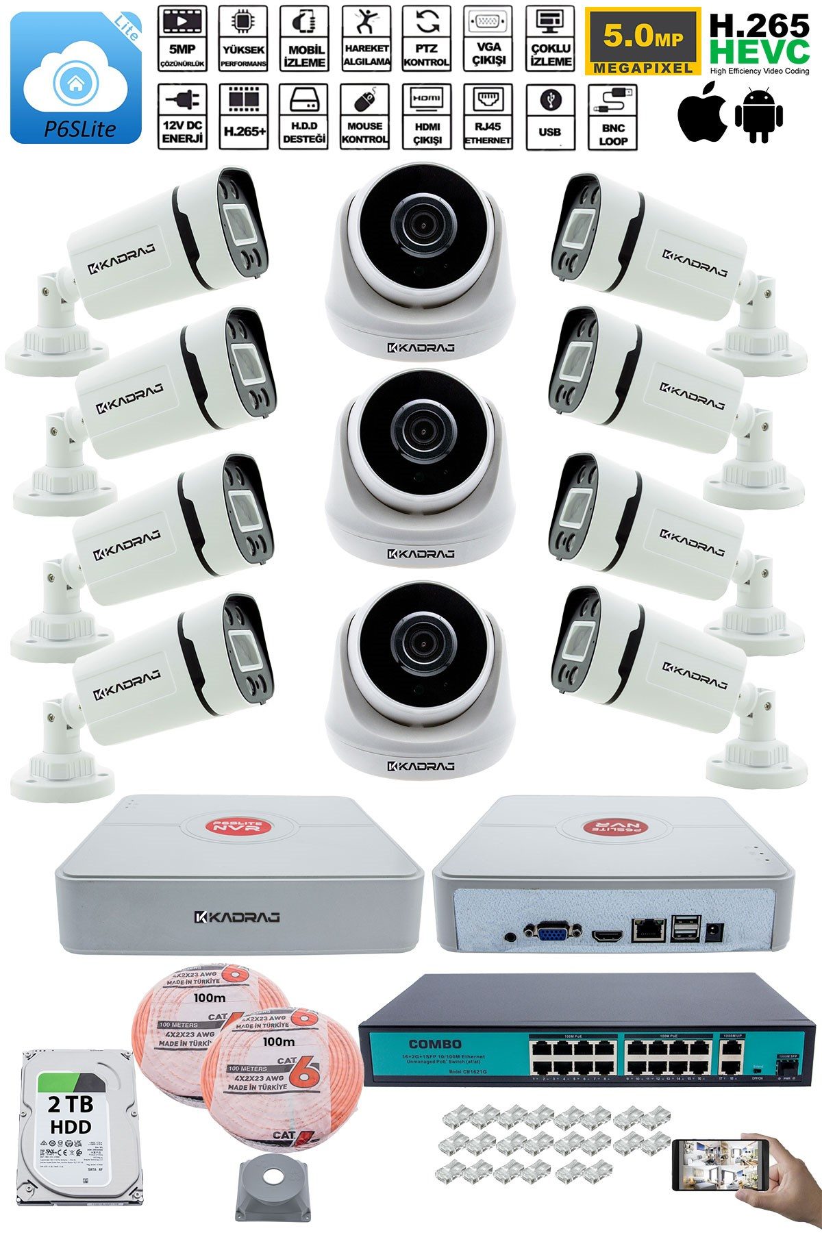 Kadraj IP Güvenlik Kamera Seti - 3 İç Mekan IP Kamera, 8 Dış Mekan IP Kamera, 2TB H.D.D, 16 Kanal NVR, Gece Görüş, Uzaktan İzleme, Hareket Tabiki, İnsan Tesp - görsel 2