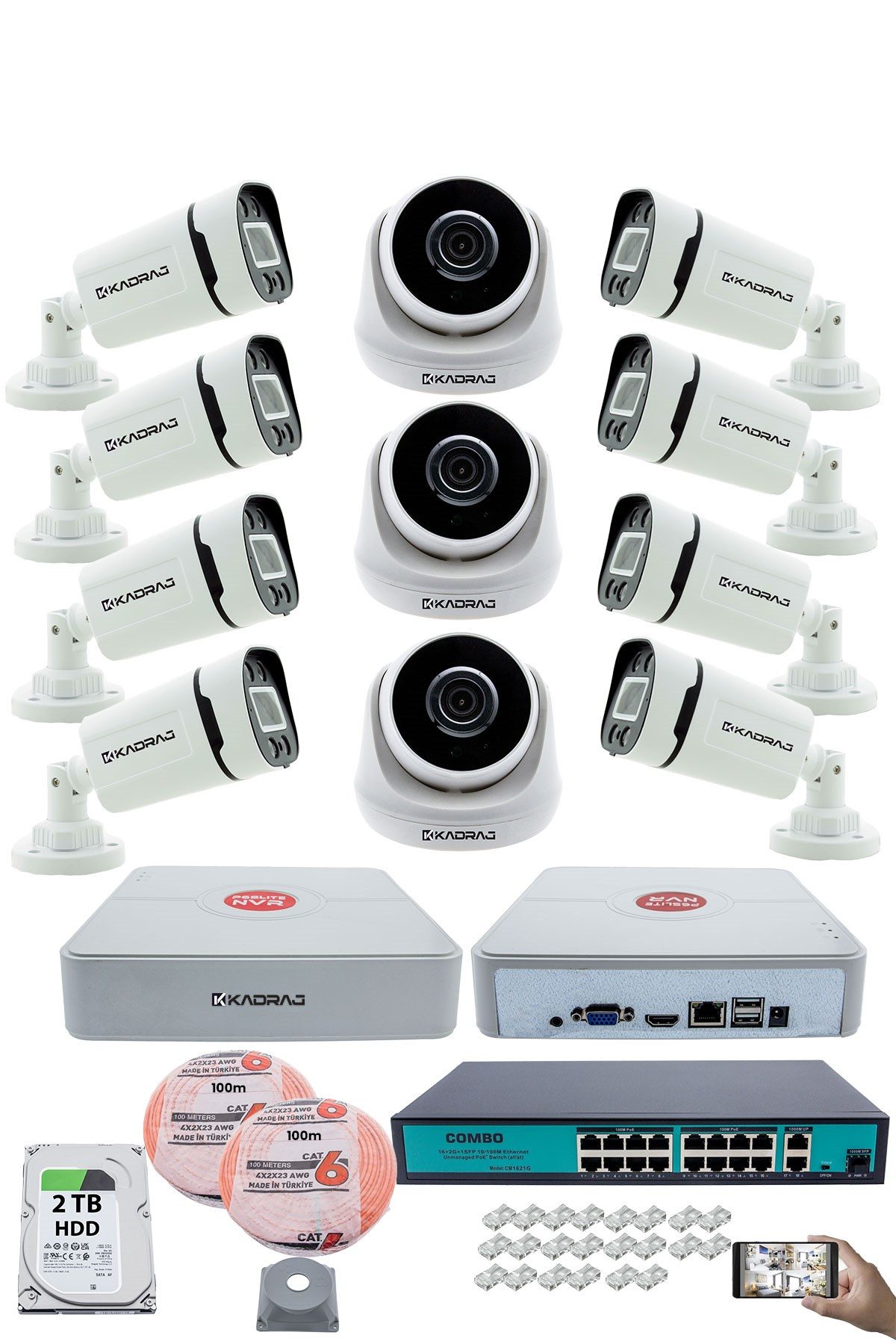 Kadraj IP Güvenlik Kamera Seti - 3 İç Mekan IP Kamera, 8 Dış Mekan IP Kamera, 2TB H.D.D, 16 Kanal NVR, Gece Görüş, Uzaktan İzleme, Hareket Tabiki, İnsan Tesp