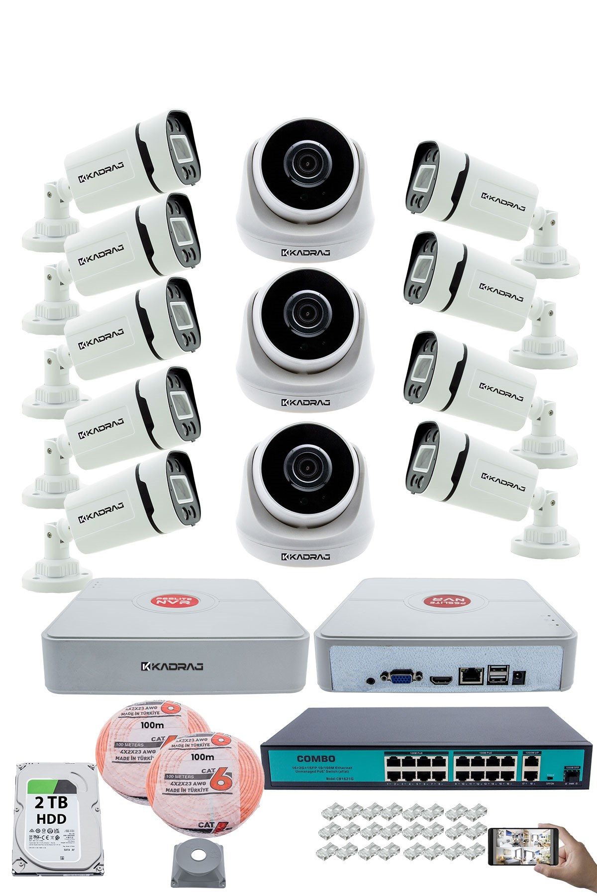 Kadraj IP Güvenlik Kamera Seti - 3 İç Mekan IP Kamera, 9 Dış Mekan IP Kamera, 2TB H.D.D, 16 Kanal NVR, Gece Görüş, Uzaktan İzleme, Hareket Tabiki, İnsan Tesp