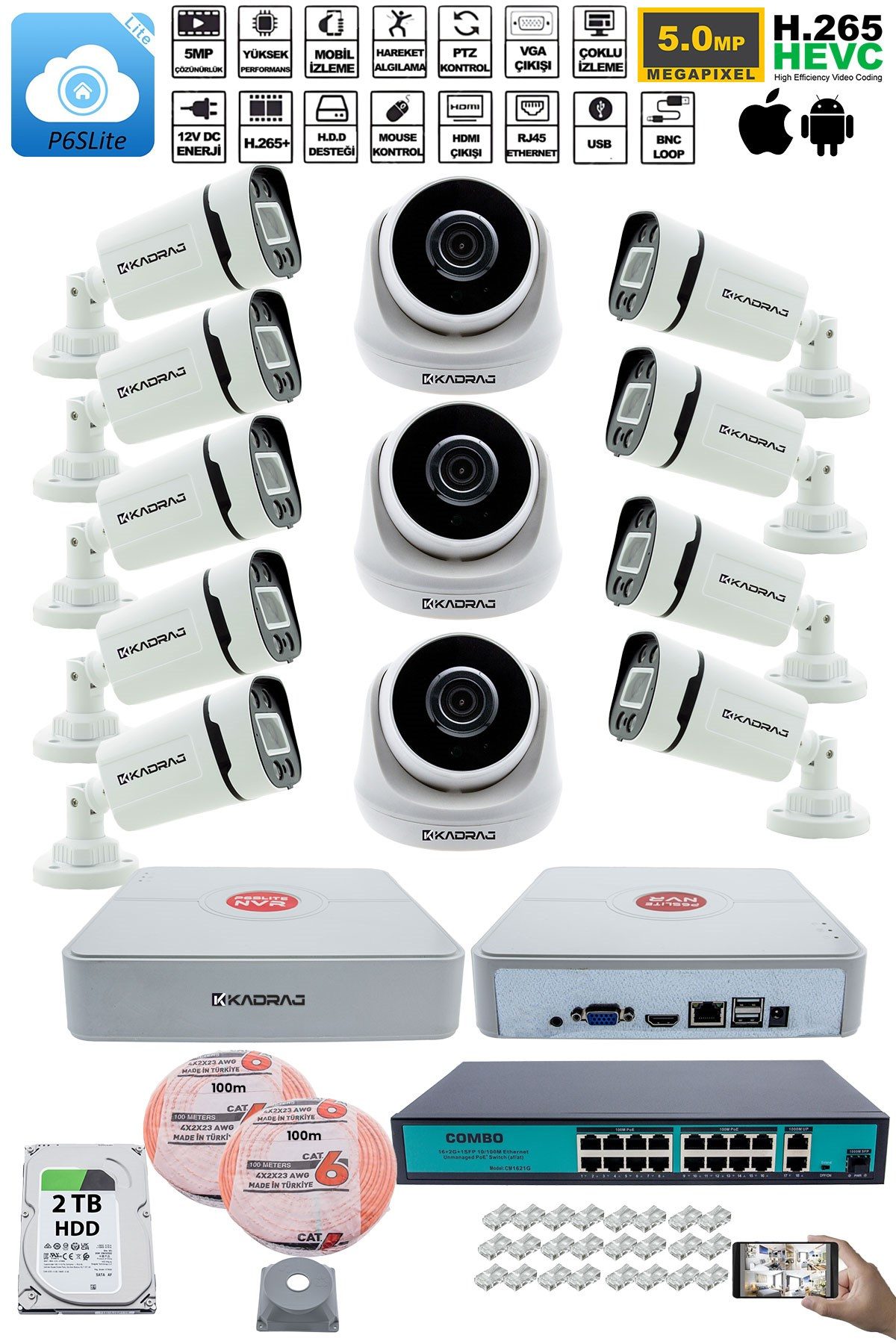 Kadraj IP Güvenlik Kamera Seti - 3 İç Mekan IP Kamera, 9 Dış Mekan IP Kamera, 2TB H.D.D, 16 Kanal NVR, Gece Görüş, Uzaktan İzleme, Hareket Tabiki, İnsan Tesp - görsel 2