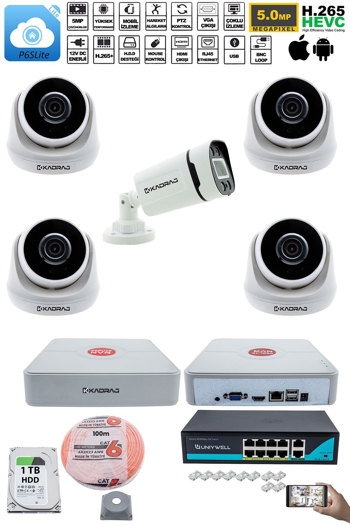 Kadraj IP Güvenlik Kamera Seti - 4 İç Mekan IP Kamera, 1 Dış Mekan IP Kamera, 1TB H.D.D, 9 Kanal NVR, Gece Görüş, Uzaktan İzleme, Hareket Tabiki, İnsan Tespi - görsel 2