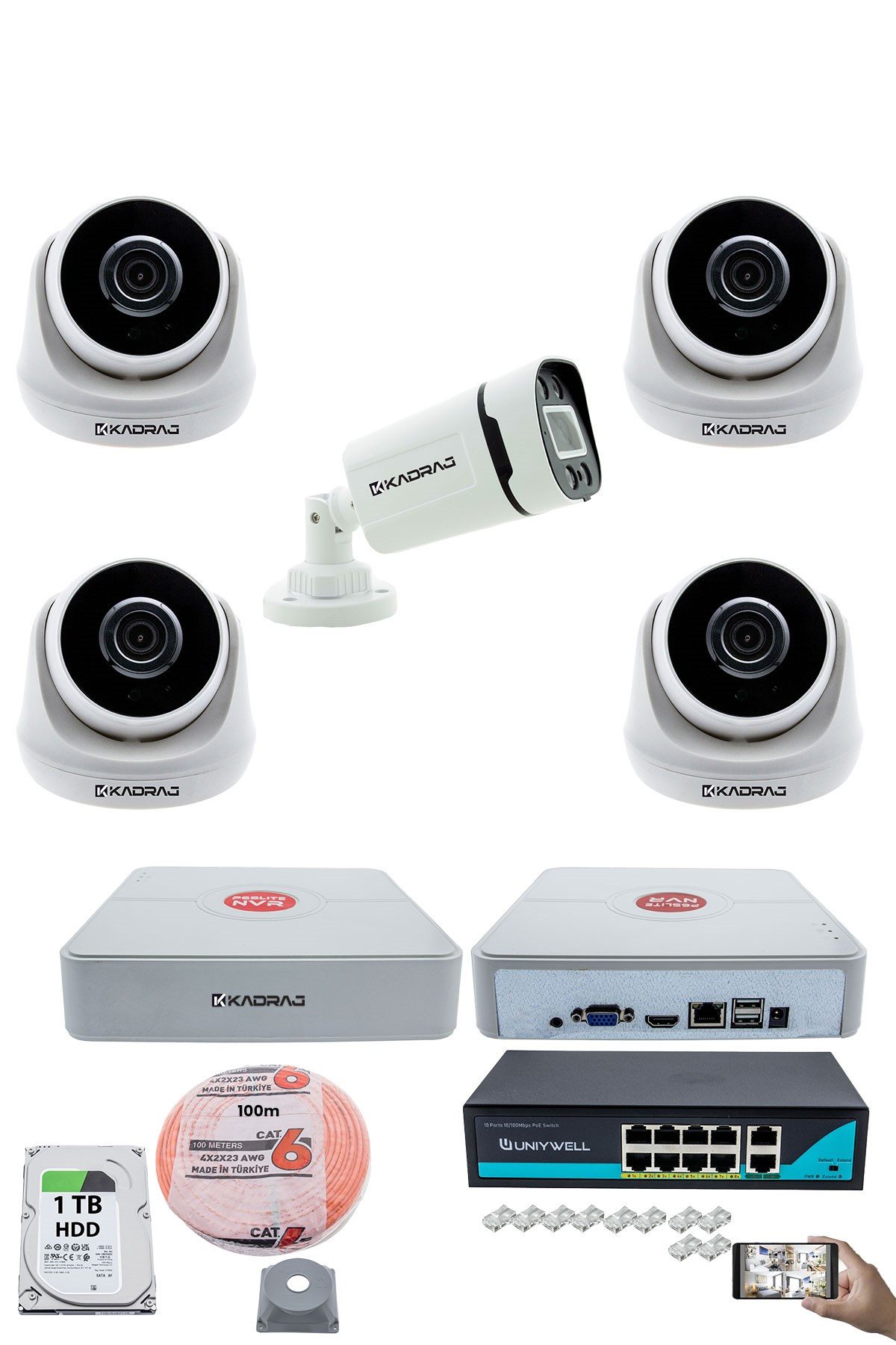 Kadraj IP Güvenlik Kamera Seti - 4 İç Mekan IP Kamera, 1 Dış Mekan IP Kamera, 1TB H.D.D, 9 Kanal NVR, Gece Görüş, Uzaktan İzleme, Hareket Tabiki, İnsan Tespi