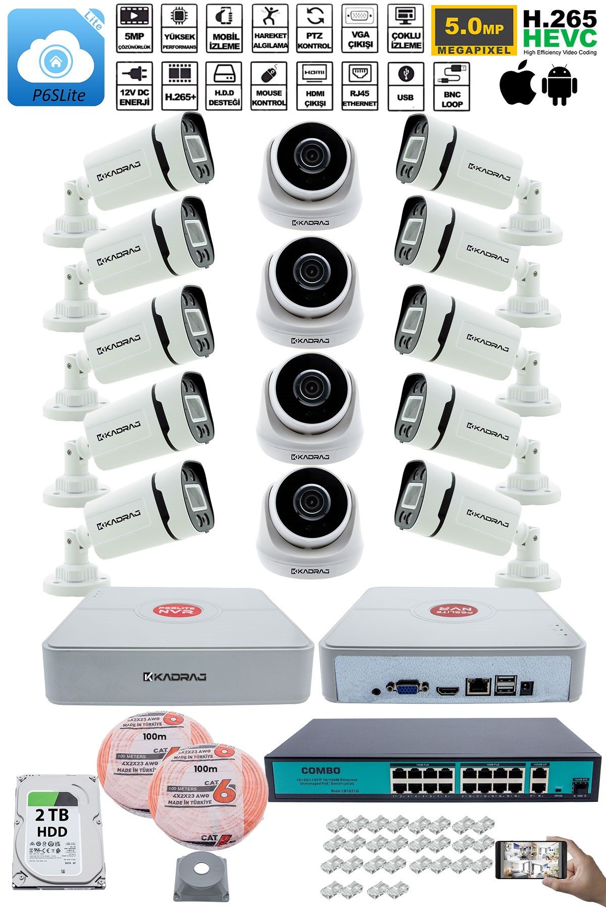 Kadraj IP Güvenlik Kamera Seti - 4 İç Mekan IP Kamera, 10 Dış Mekan IP Kamera, 2TB H.D.D, 16 Kanal NVR, Gece Görüş, Uzaktan İzleme, Hareket Tabiki, İnsan Tes - görsel 2