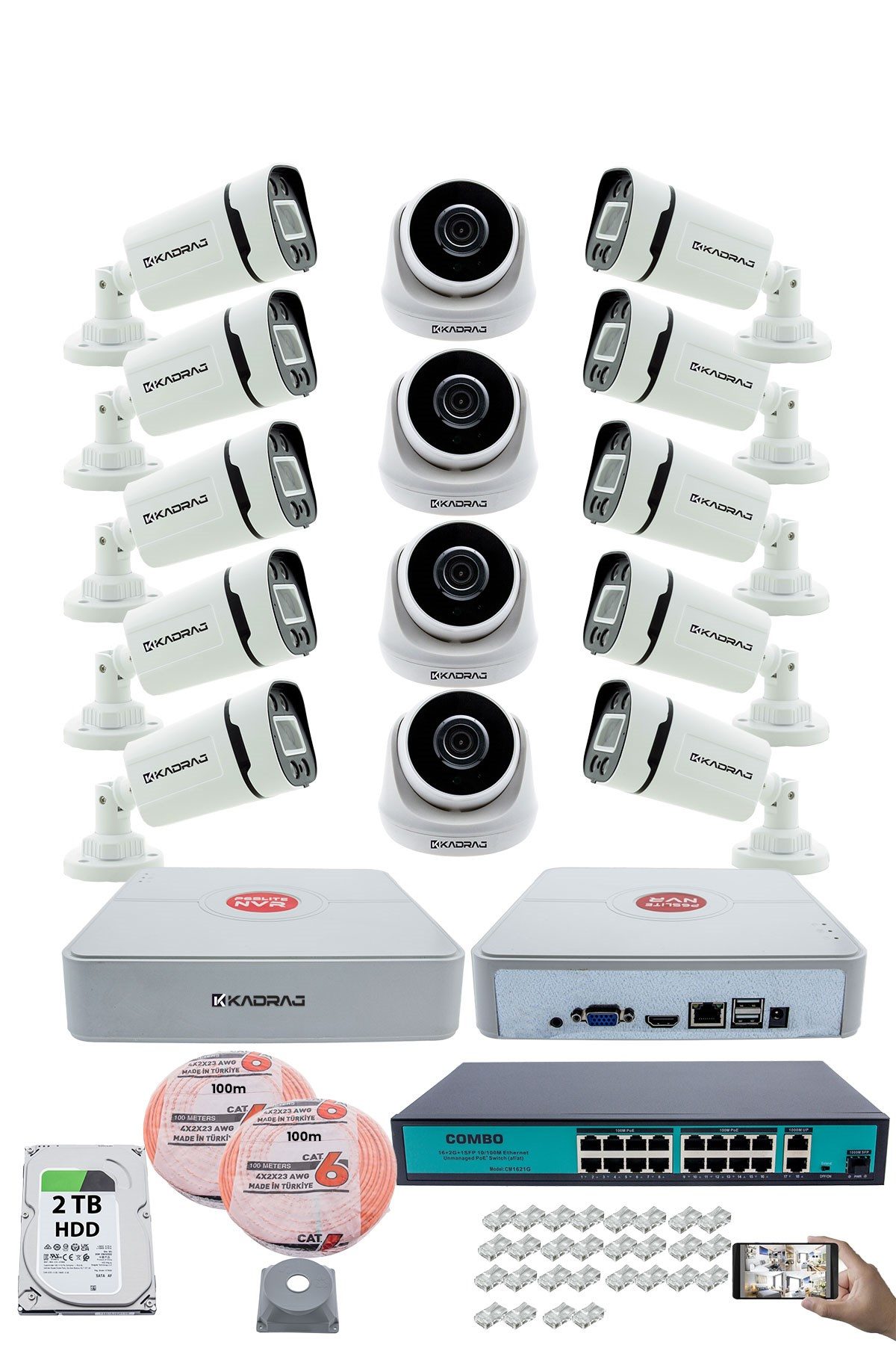 Kadraj IP Güvenlik Kamera Seti - 4 İç Mekan IP Kamera, 10 Dış Mekan IP Kamera, 2TB H.D.D, 16 Kanal NVR, Gece Görüş, Uzaktan İzleme, Hareket Tabiki, İnsan Tes