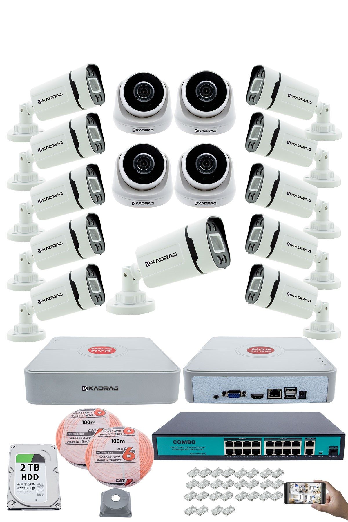 Kadraj IP Güvenlik Kamera Seti - 4 İç Mekan IP Kamera, 11 Dış Mekan IP Kamera, 2TB H.D.D, 16 Kanal NVR, Gece Görüş, Uzaktan İzleme, Hareket Tabiki, İnsan Tes