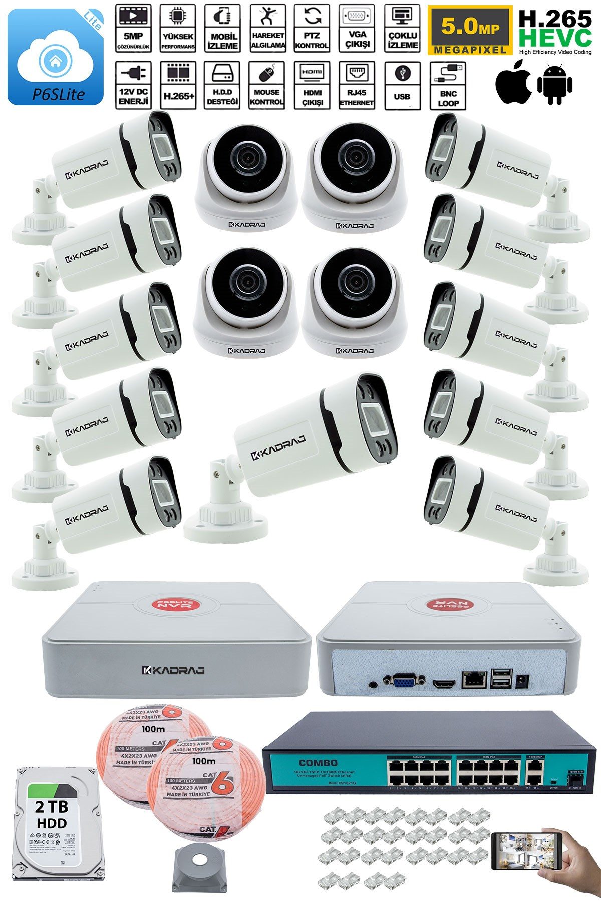 Kadraj IP Güvenlik Kamera Seti - 4 İç Mekan IP Kamera, 11 Dış Mekan IP Kamera, 2TB H.D.D, 16 Kanal NVR, Gece Görüş, Uzaktan İzleme, Hareket Tabiki, İnsan Tes - görsel 2