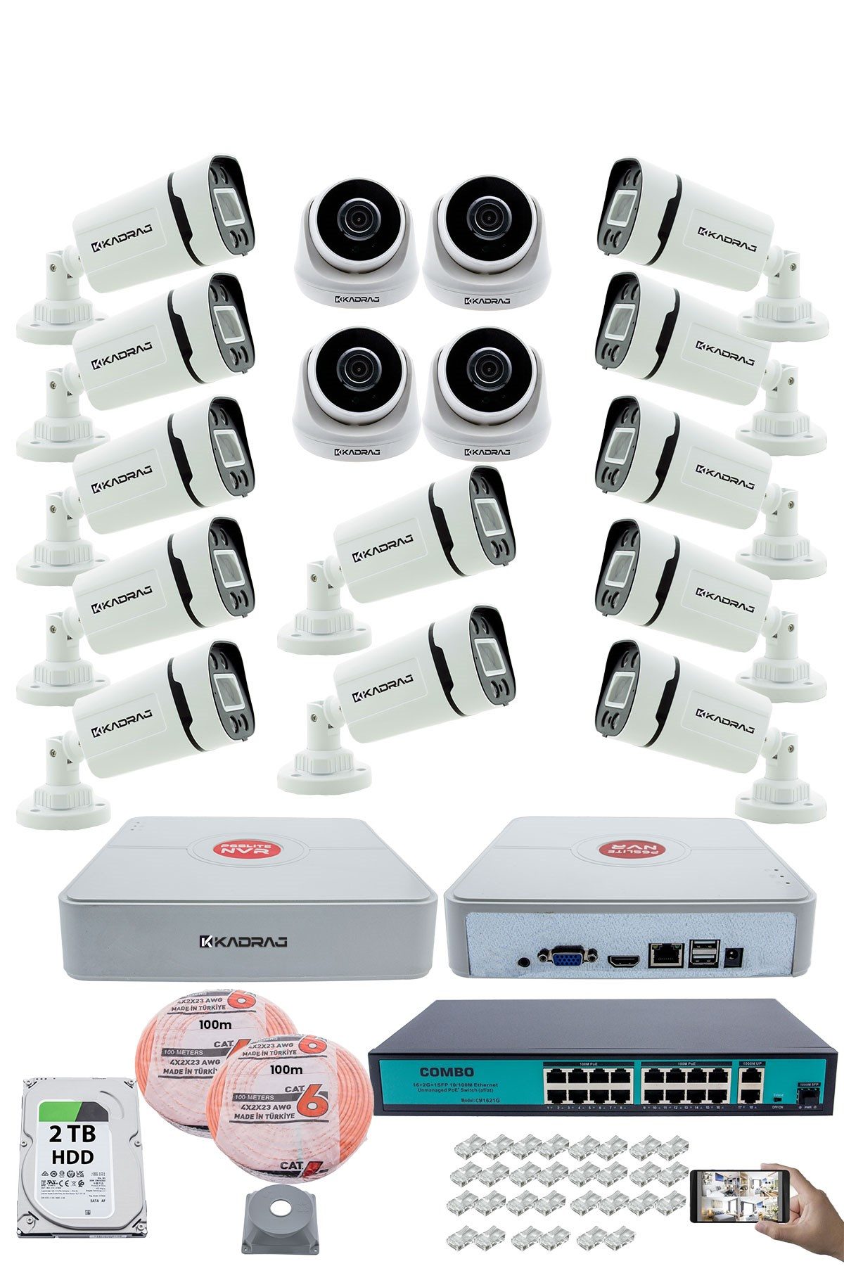 Kadraj IP Güvenlik Kamera Seti - 4 İç Mekan IP Kamera, 12 Dış Mekan IP Kamera, 2TB H.D.D, 16 Kanal NVR, Gece Görüş, Uzaktan İzleme, Hareket Tabiki, İnsan Tes