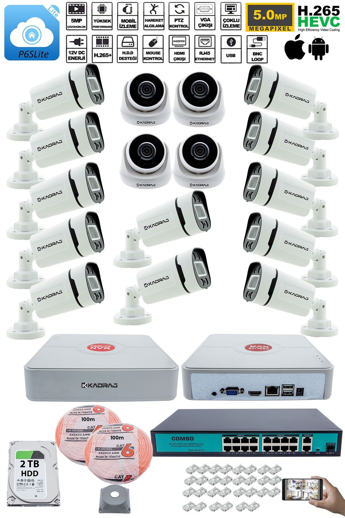 Kadraj IP Güvenlik Kamera Seti - 4 İç Mekan IP Kamera, 12 Dış Mekan IP Kamera, 2TB H.D.D, 16 Kanal NVR, Gece Görüş, Uzaktan İzleme, Hareket Tabiki, İnsan Tes - görsel 2