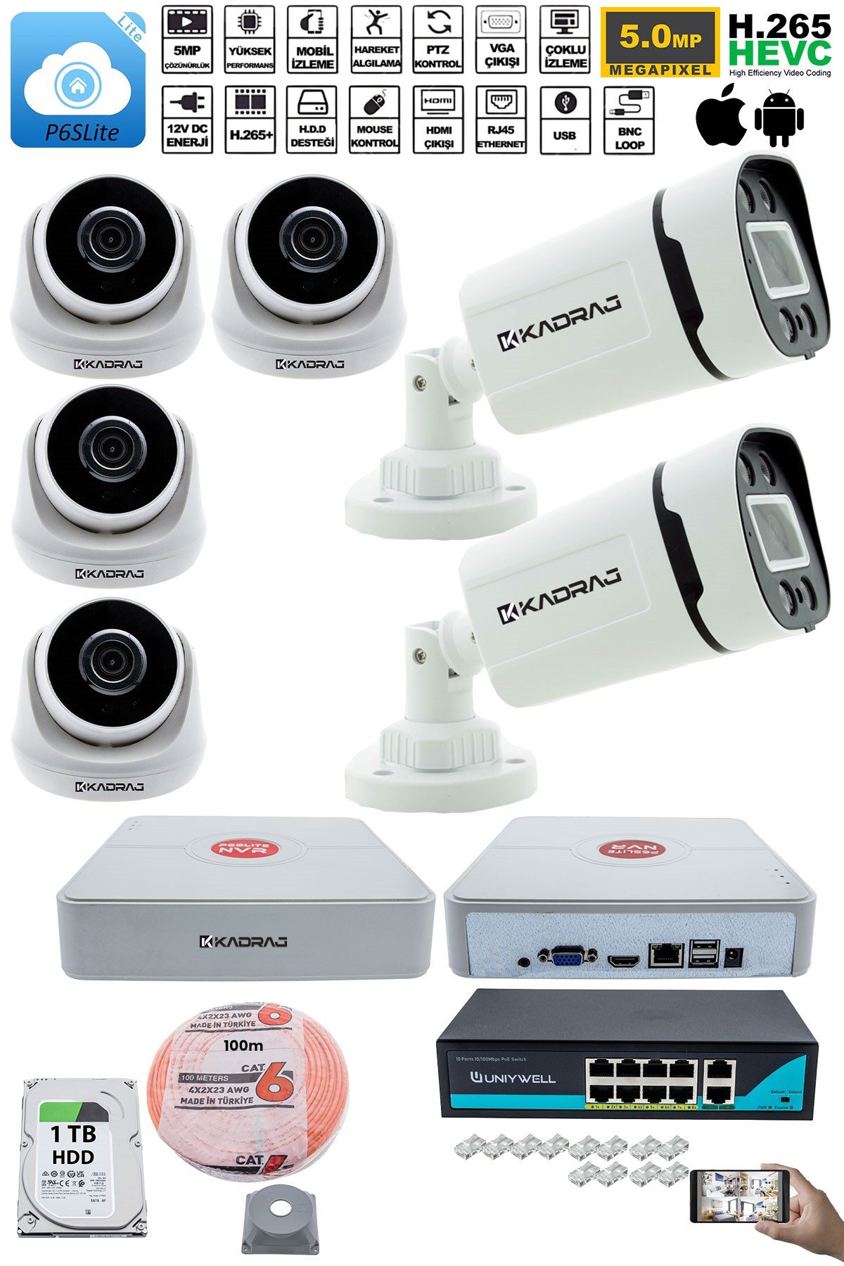 Kadraj IP Güvenlik Kamera Seti - 4 İç Mekan IP Kamera, 2 Dış Mekan IP Kamera, 1TB H.D.D, 9 Kanal NVR, Gece Görüş, Uzaktan İzleme, Hareket Tabiki, İnsan Tespi - görsel 2