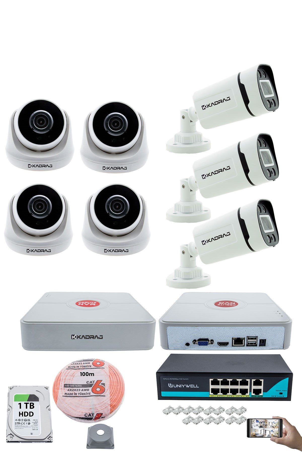 Kadraj IP Güvenlik Kamera Seti - 4 İç Mekan IP Kamera, 3 Dış Mekan IP Kamera, 1TB H.D.D, 9 Kanal NVR, Gece Görüş, Uzaktan İzleme, Hareket Tabiki, İnsan Tespi