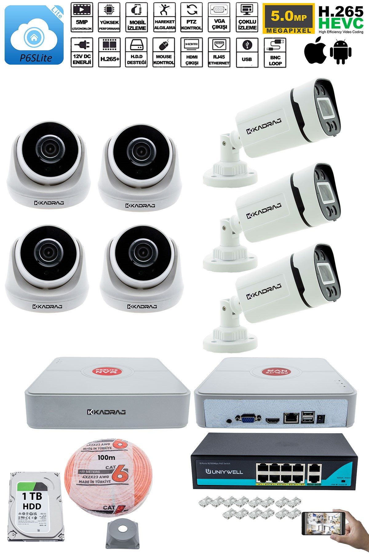 Kadraj IP Güvenlik Kamera Seti - 4 İç Mekan IP Kamera, 3 Dış Mekan IP Kamera, 1TB H.D.D, 9 Kanal NVR, Gece Görüş, Uzaktan İzleme, Hareket Tabiki, İnsan Tespi - görsel 2