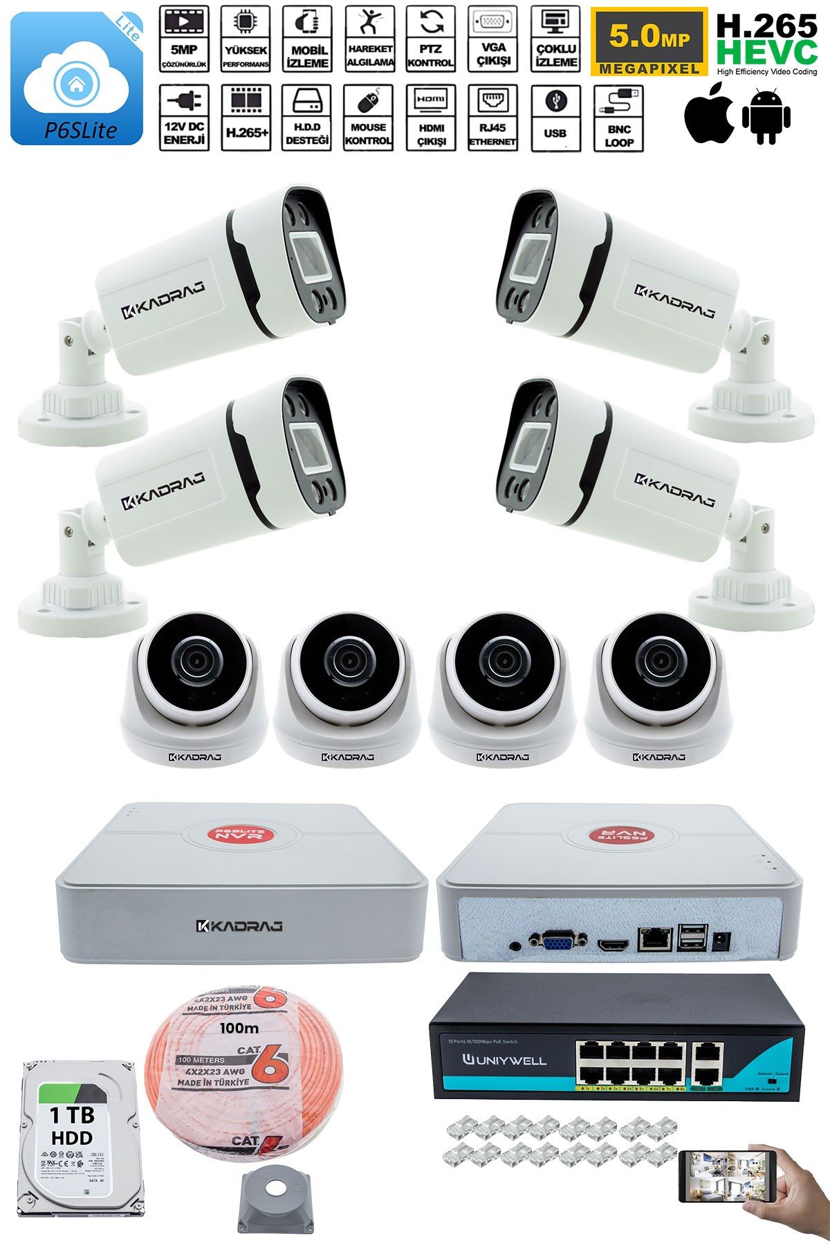 Kadraj IP Güvenlik Kamera Seti - 4 İç Mekan IP Kamera, 4 Dış Mekan IP Kamera, 1TB H.D.D, 9 Kanal NVR, Gece Görüş, Uzaktan İzleme, Hareket Tabiki, İnsan Tespi - görsel 2