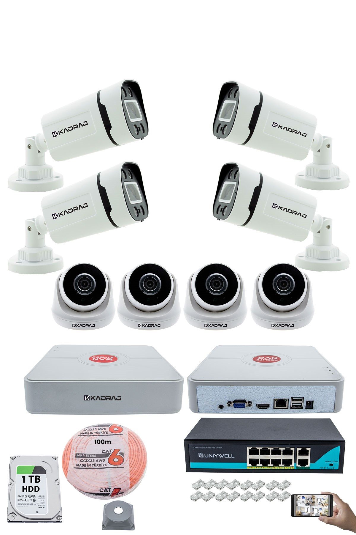 Kadraj IP Güvenlik Kamera Seti - 4 İç Mekan IP Kamera, 4 Dış Mekan IP Kamera, 1TB H.D.D, 9 Kanal NVR, Gece Görüş, Uzaktan İzleme, Hareket Tabiki, İnsan Tespi
