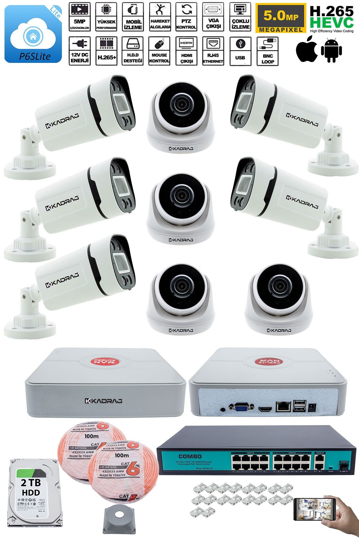 Kadraj IP Güvenlik Kamera Seti - 4 İç Mekan IP Kamera, 5 Dış Mekan IP Kamera, 2TB H.D.D, 16 Kanal NVR, Gece Görüş, Uzaktan İzleme, Hareket Tabiki, İnsan Tes - görsel 2